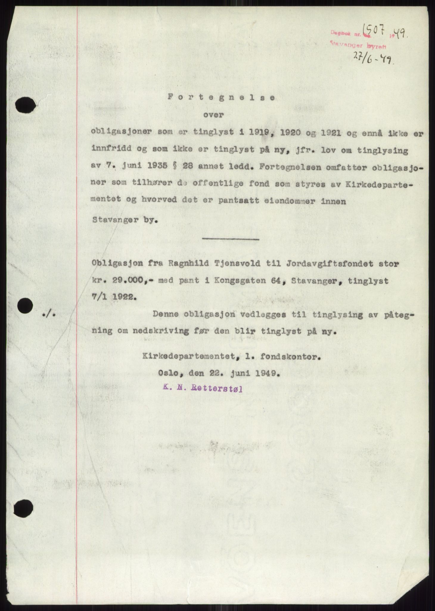 Stavanger byrett, SAST/A-100455/002/G/Gb/L0032: Mortgage book, 1947-1950, Diary no: : 1507/1949