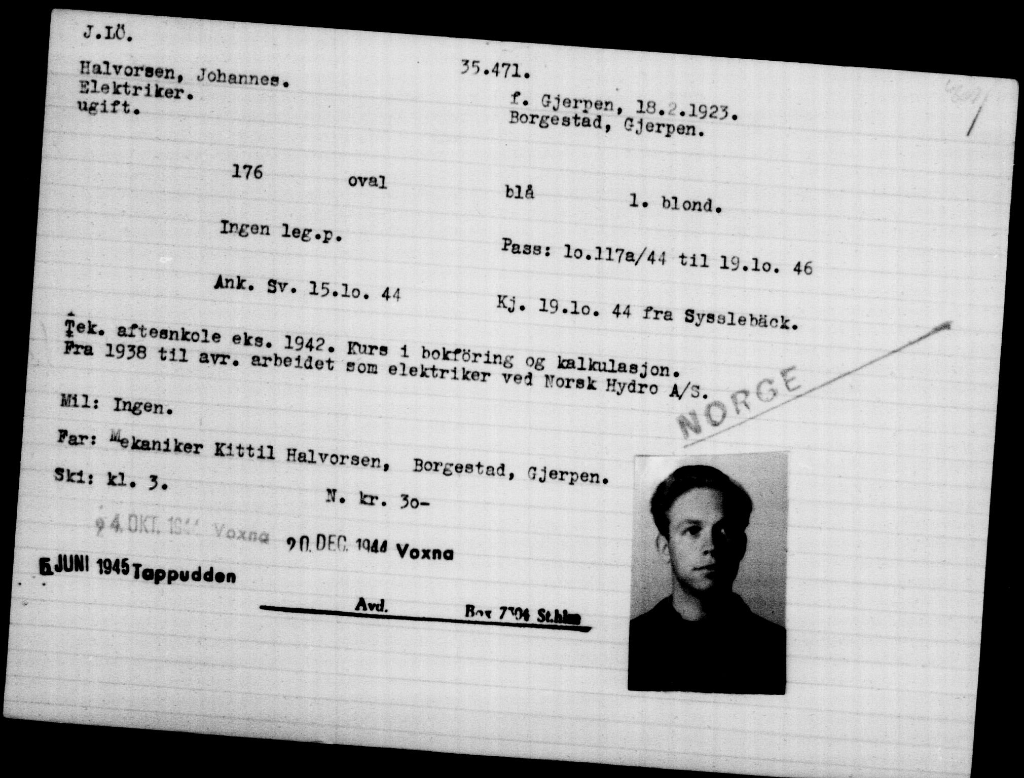 Utenriksstasjonene, Legasjonen i Stockholm, Flyktningkontoret, AV/RA-S-6753/V/Va/L0014: Kjesäterkartoteket, flyktninger med registreringsnr. 34700-37855, 1940-1945, p. 815