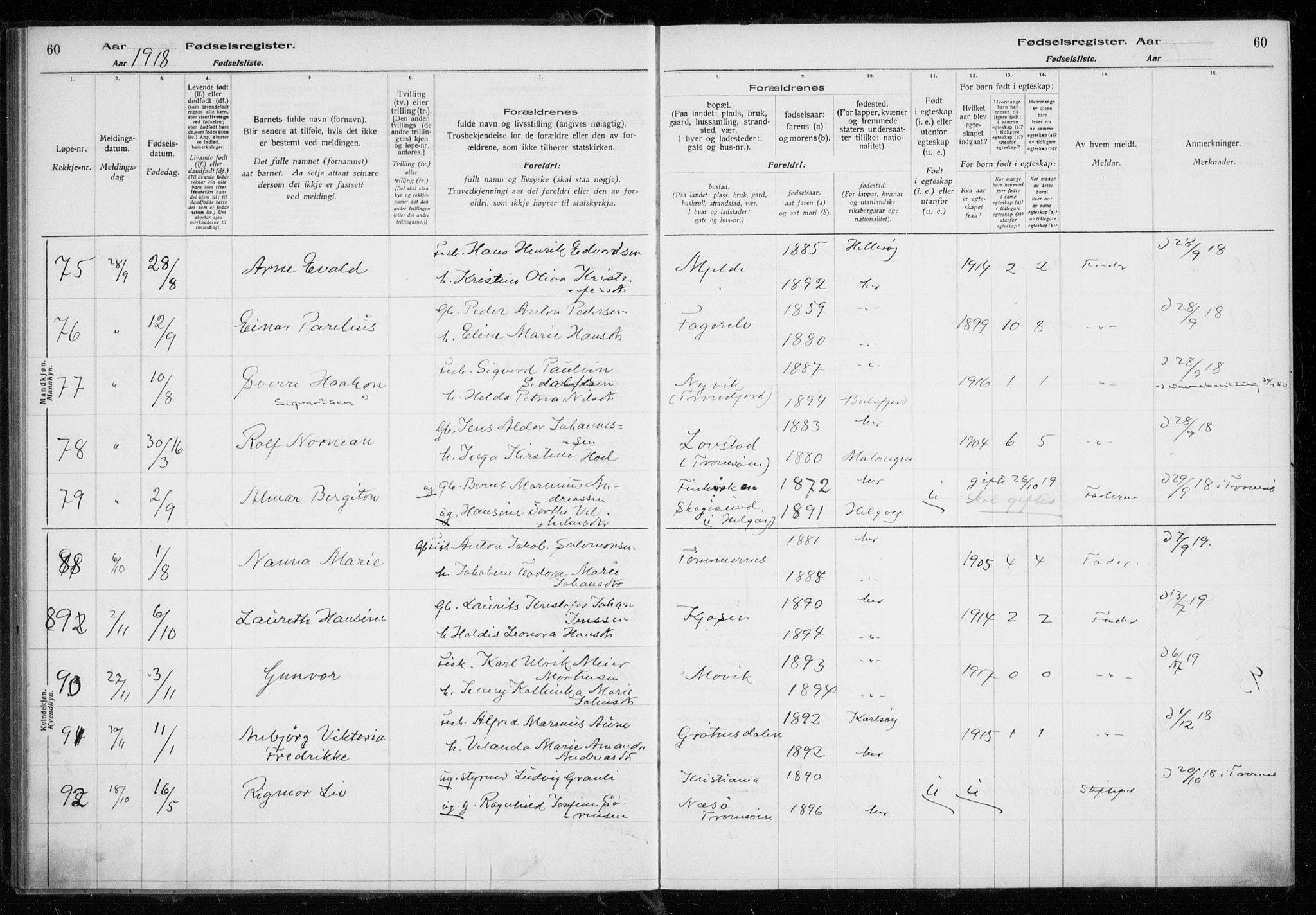 Tromsøysund sokneprestkontor, AV/SATØ-S-1304/H/Ha/L0079: Birth register no. 79, 1916-1924, p. 60