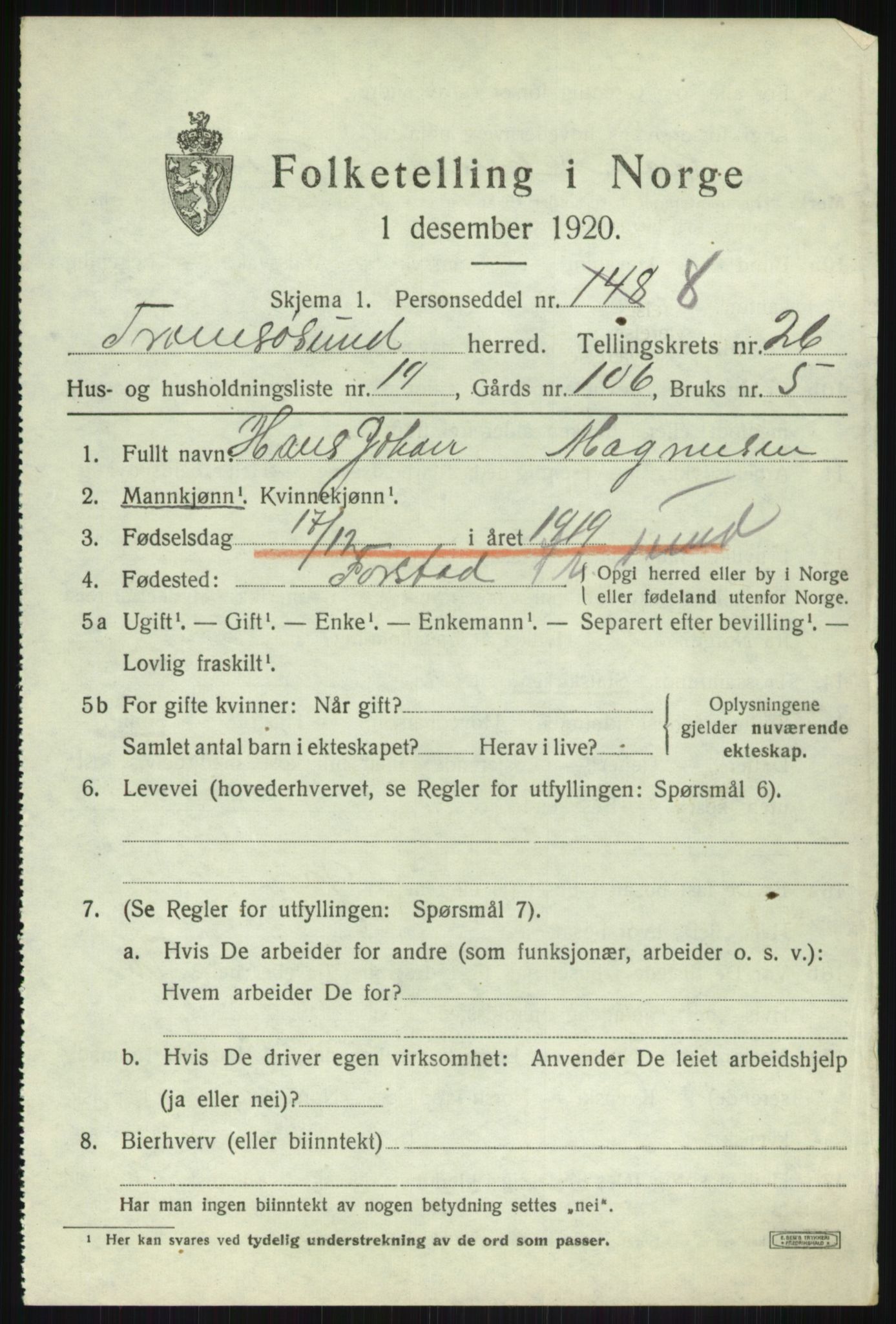 SATØ, 1920 census for Tromsøysund, 1920, p. 12476