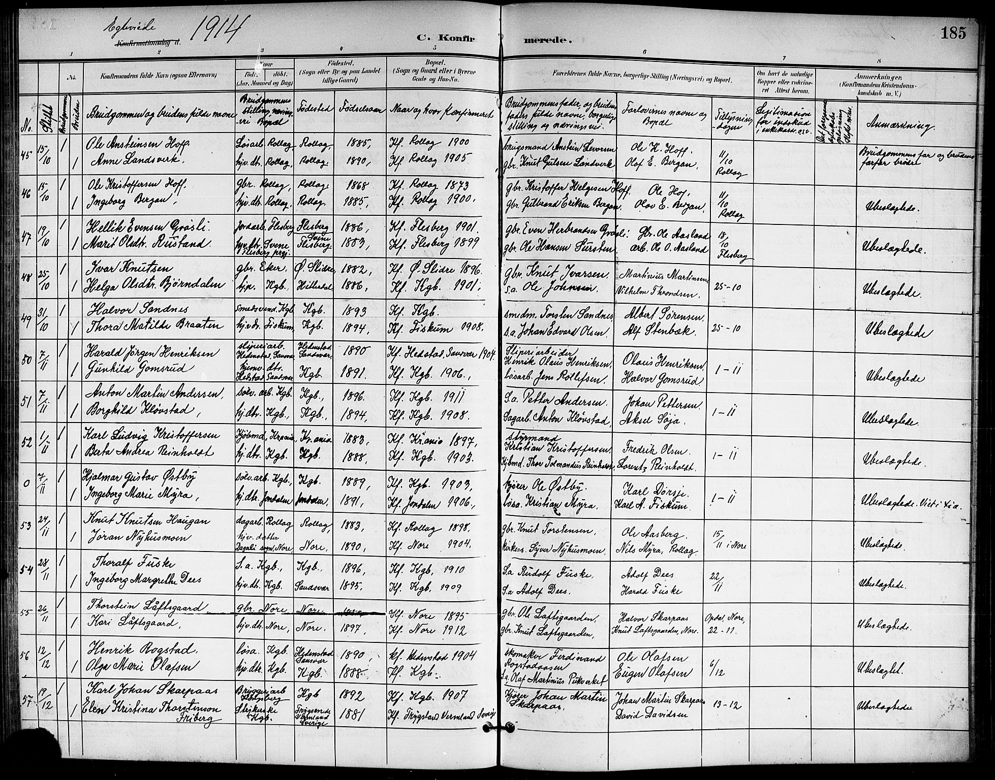 Kongsberg kirkebøker, AV/SAKO-A-22/G/Ga/L0007: Parish register (copy) no. 7, 1901-1915, p. 185