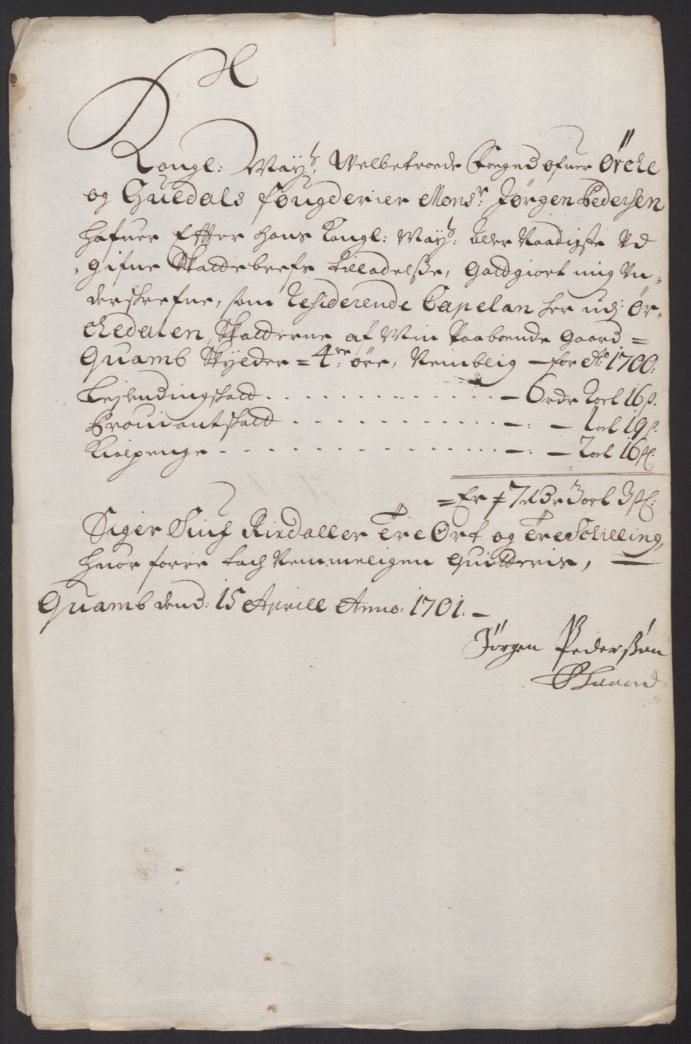 Rentekammeret inntil 1814, Reviderte regnskaper, Fogderegnskap, AV/RA-EA-4092/R60/L3950: Fogderegnskap Orkdal og Gauldal, 1700, p. 192