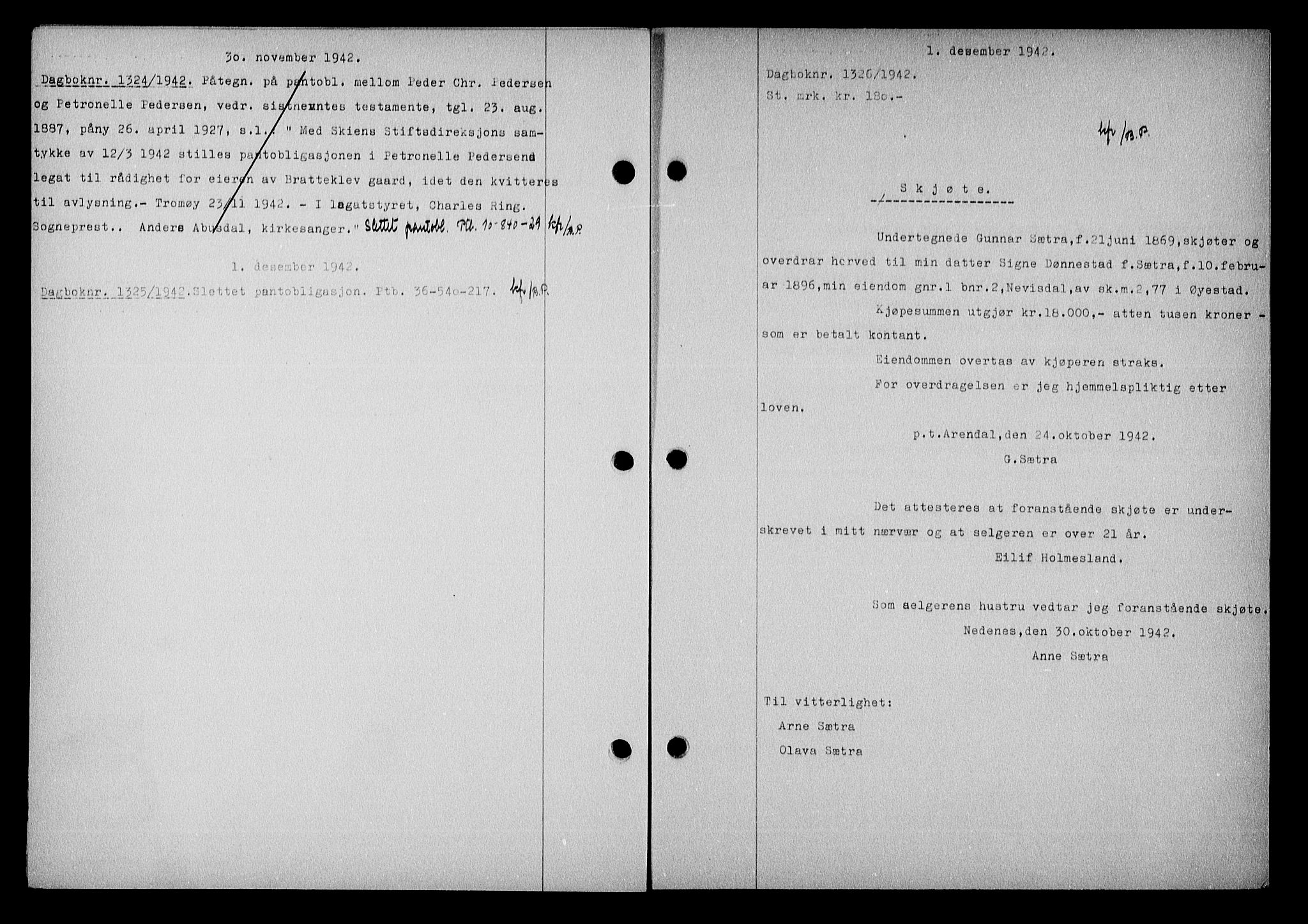 Nedenes sorenskriveri, AV/SAK-1221-0006/G/Gb/Gba/L0050: Mortgage book no. A-IV, 1942-1943, Diary no: : 1326/1942