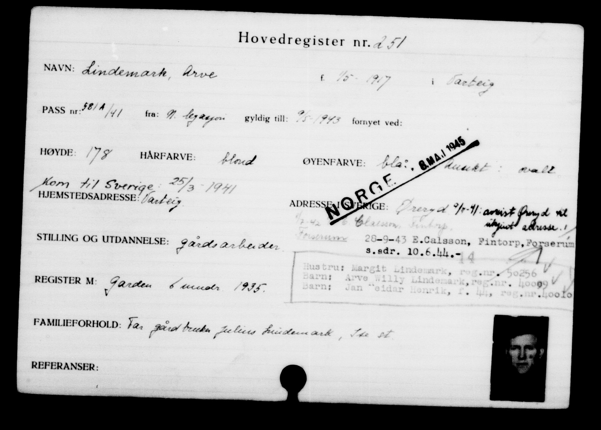 Utenriksstasjonene, Legasjonen i Stockholm, Flyktningkontoret, AV/RA-S-6753/V/Va/L0001: Kjesäterkartoteket, flyktninger med registreringsnr. 1-1000, 1940-1945, p. 400