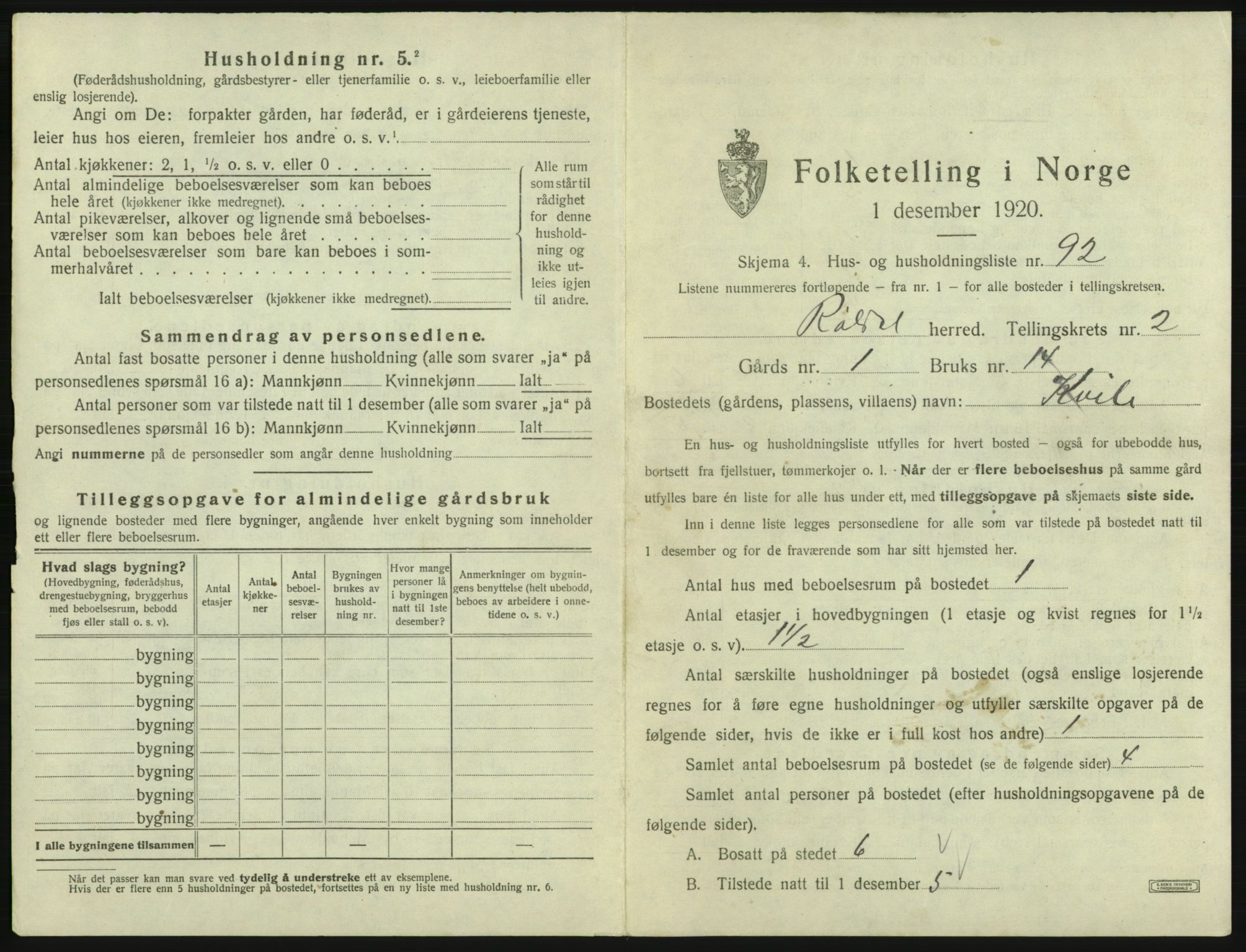 SAB, 1920 census for Røldal, 1920, p. 278
