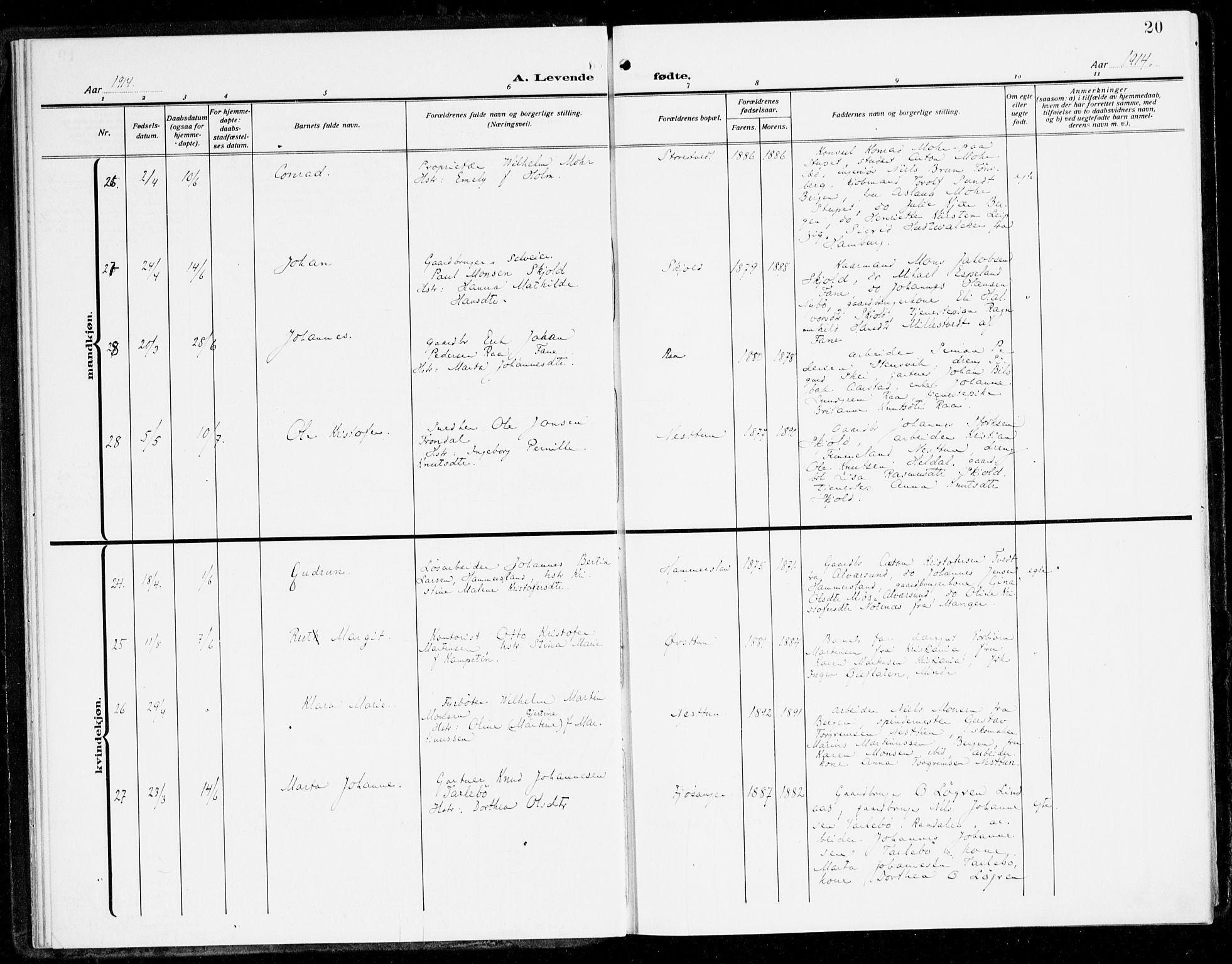 Fana Sokneprestembete, AV/SAB-A-75101/H/Haa/Haai/L0004: Parish register (official) no. I 4, 1912-1933, p. 20