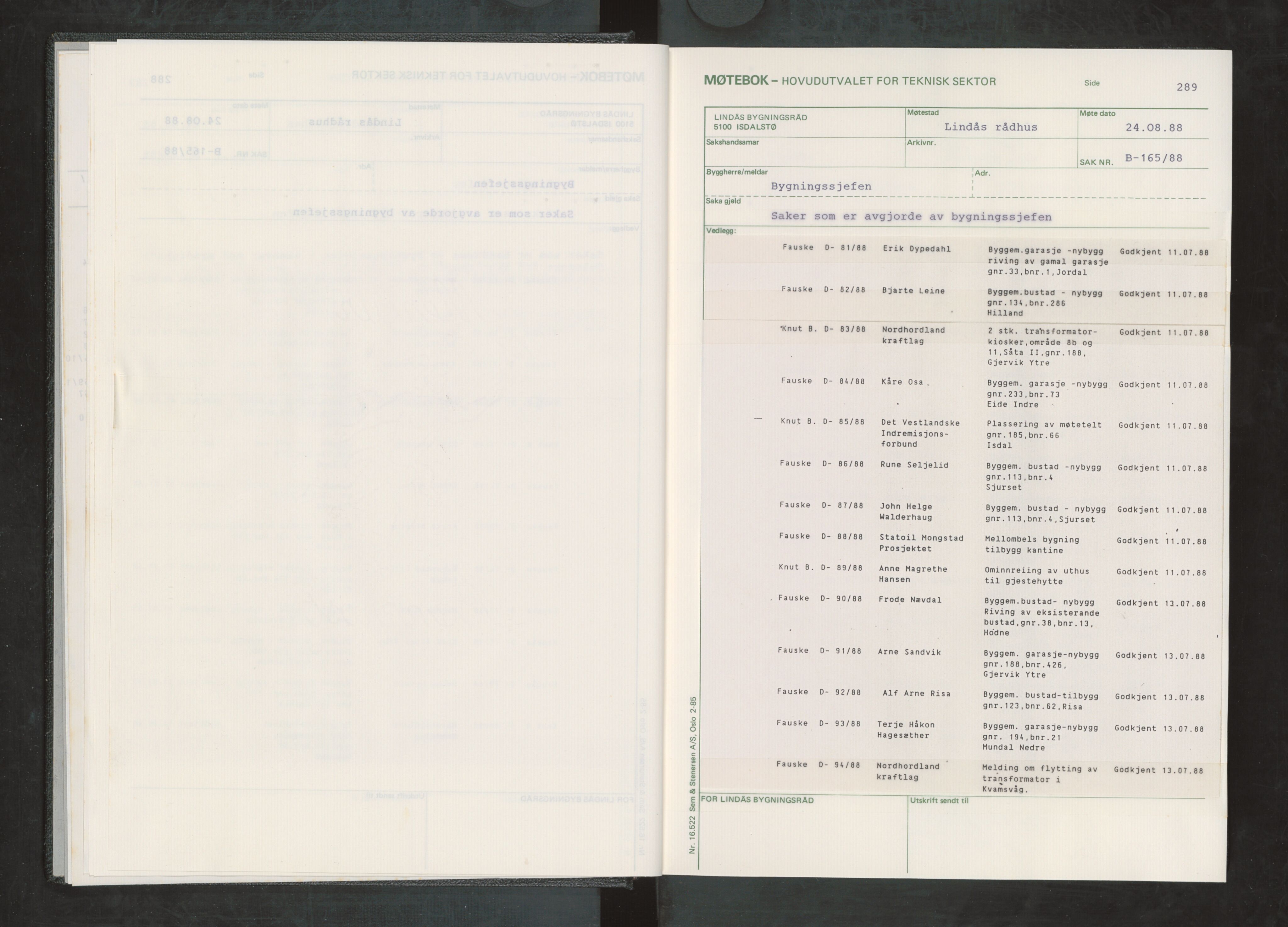 Lindås kommune. Bygningsrådet, IKAH/1263-511/A/Aa/L0063: Møtebok for Lindås bygningsråd, 1988