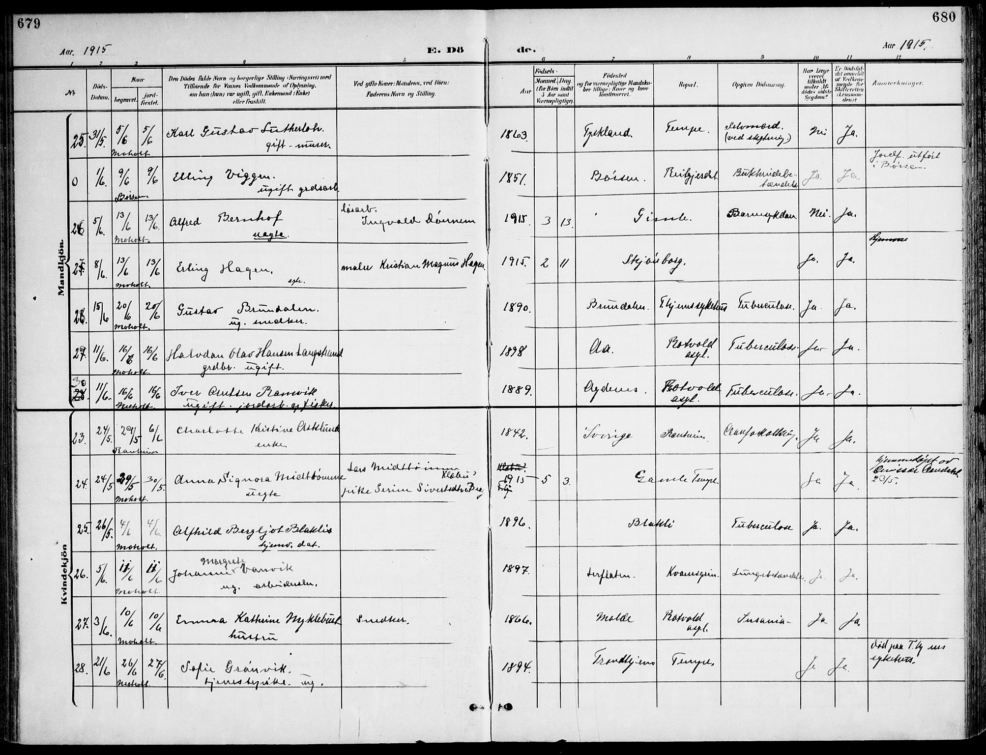 Ministerialprotokoller, klokkerbøker og fødselsregistre - Sør-Trøndelag, AV/SAT-A-1456/607/L0320: Parish register (official) no. 607A04, 1907-1915, p. 679-680