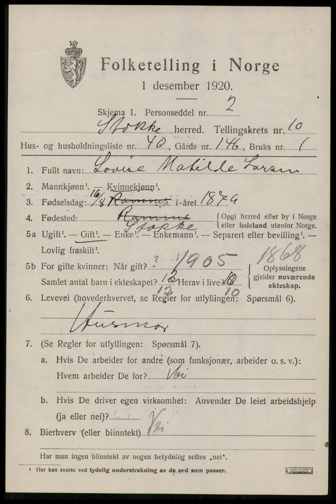 SAKO, 1920 census for Stokke, 1920, p. 11566