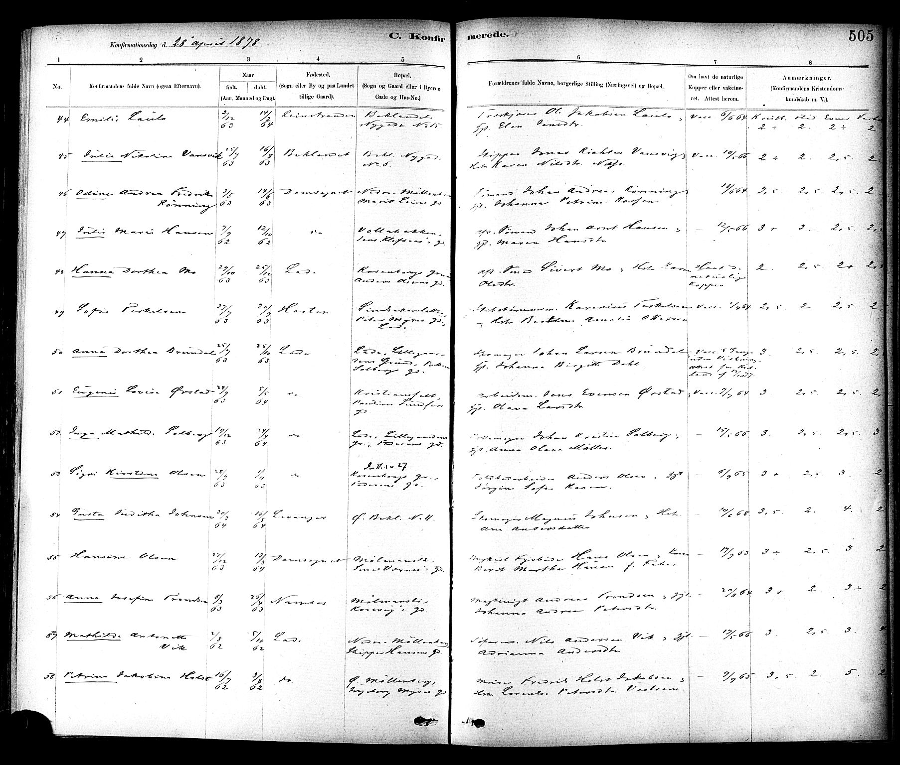 Ministerialprotokoller, klokkerbøker og fødselsregistre - Sør-Trøndelag, AV/SAT-A-1456/604/L0188: Parish register (official) no. 604A09, 1878-1892, p. 505