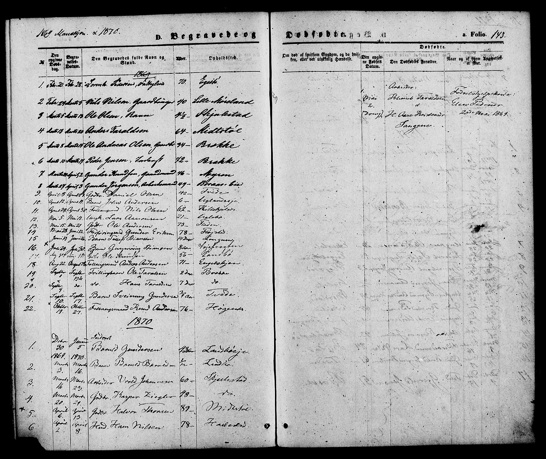 Austre Moland sokneprestkontor, AV/SAK-1111-0001/F/Fa/Faa/L0009: Parish register (official) no. A 9, 1869-1879, p. 143