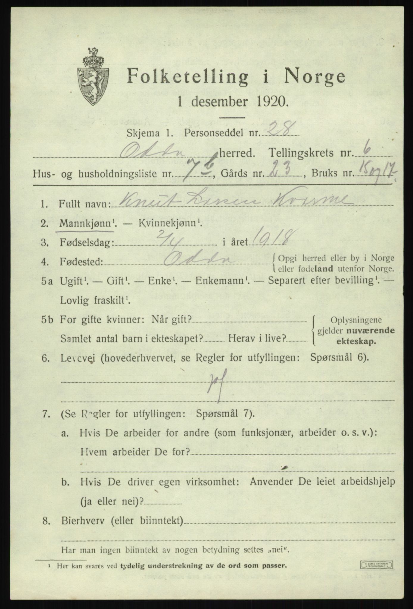 SAB, 1920 census for Odda, 1920, p. 4191