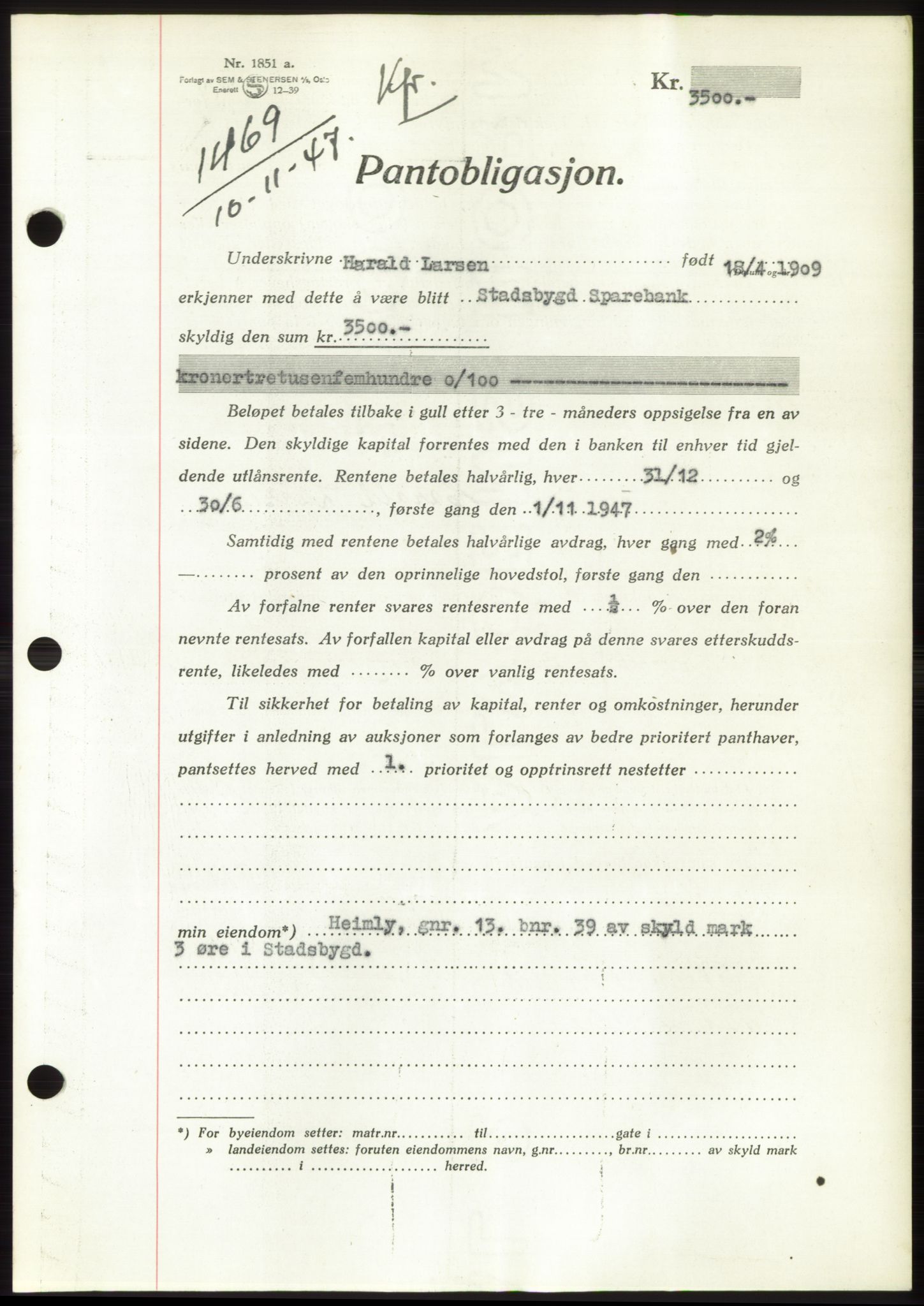 Fosen sorenskriveri, AV/SAT-A-1107/1/2/2C: Mortgage book no. B, 1946-1948, Diary no: : 1469/1947