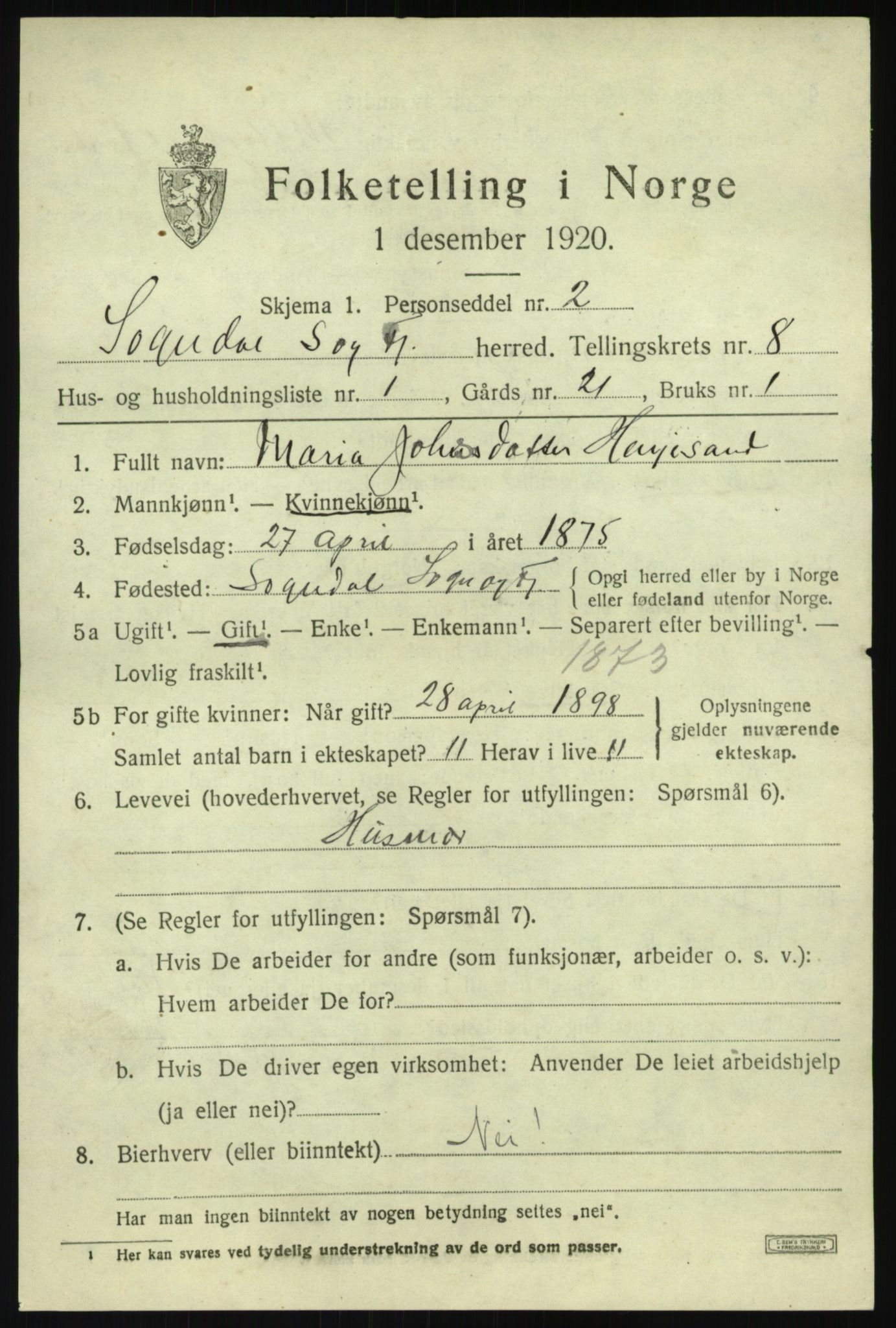 SAB, 1920 census for Sogndal, 1920, p. 3715