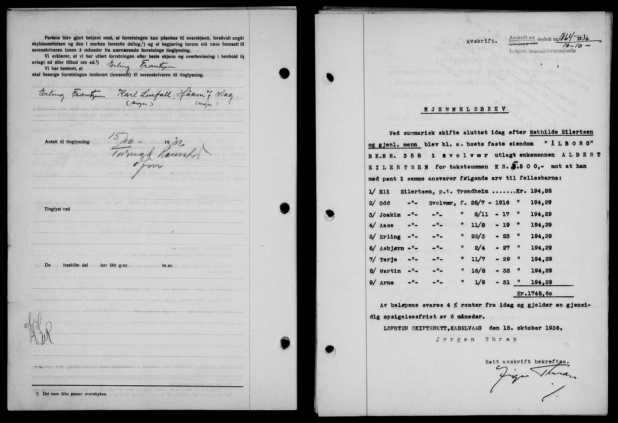 Lofoten sorenskriveri, SAT/A-0017/1/2/2C/L0001a: Mortgage book no. 1a, 1936-1937, Diary no: : 1864/1936