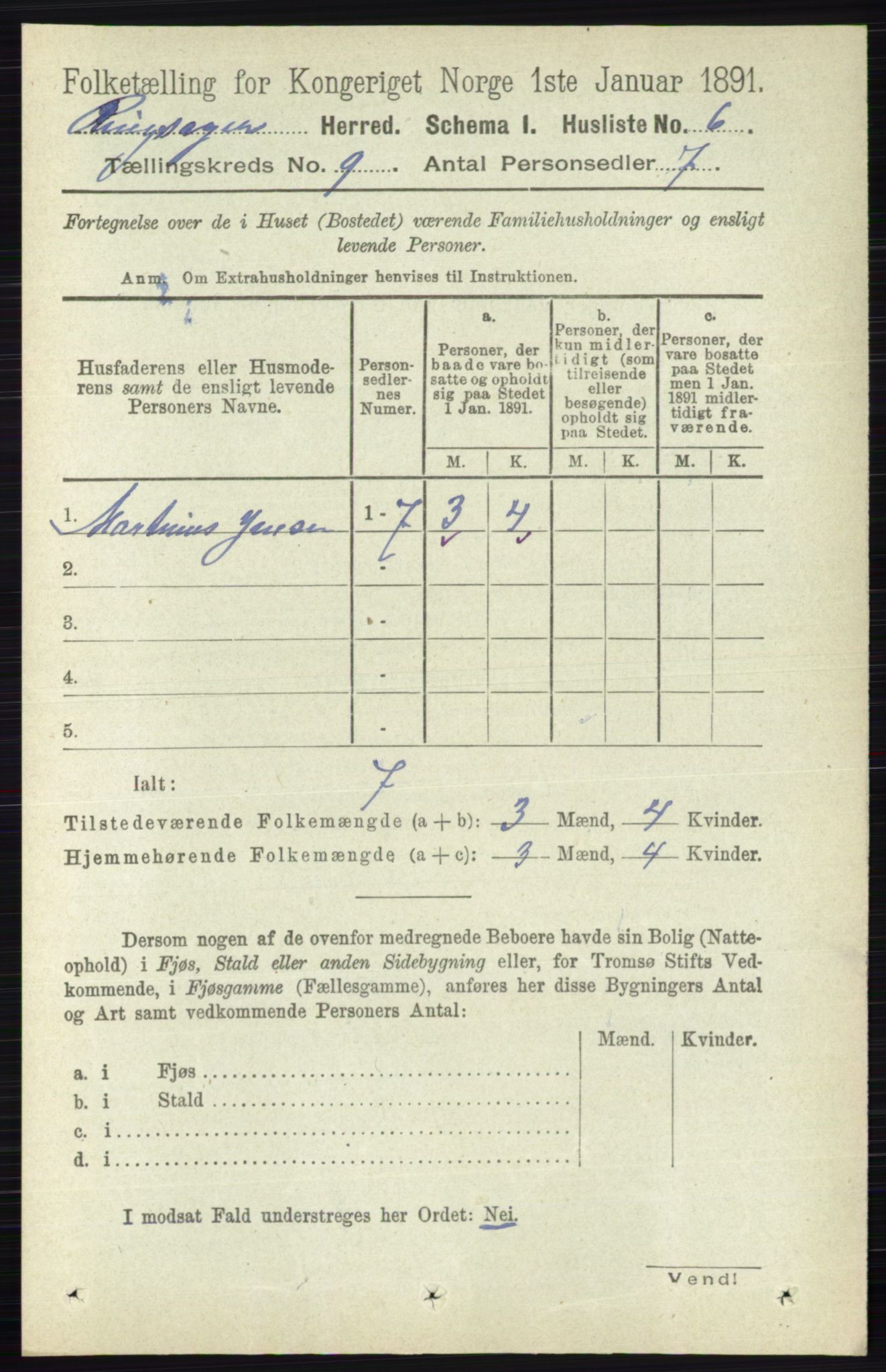 RA, 1891 census for 0412 Ringsaker, 1891, p. 4949