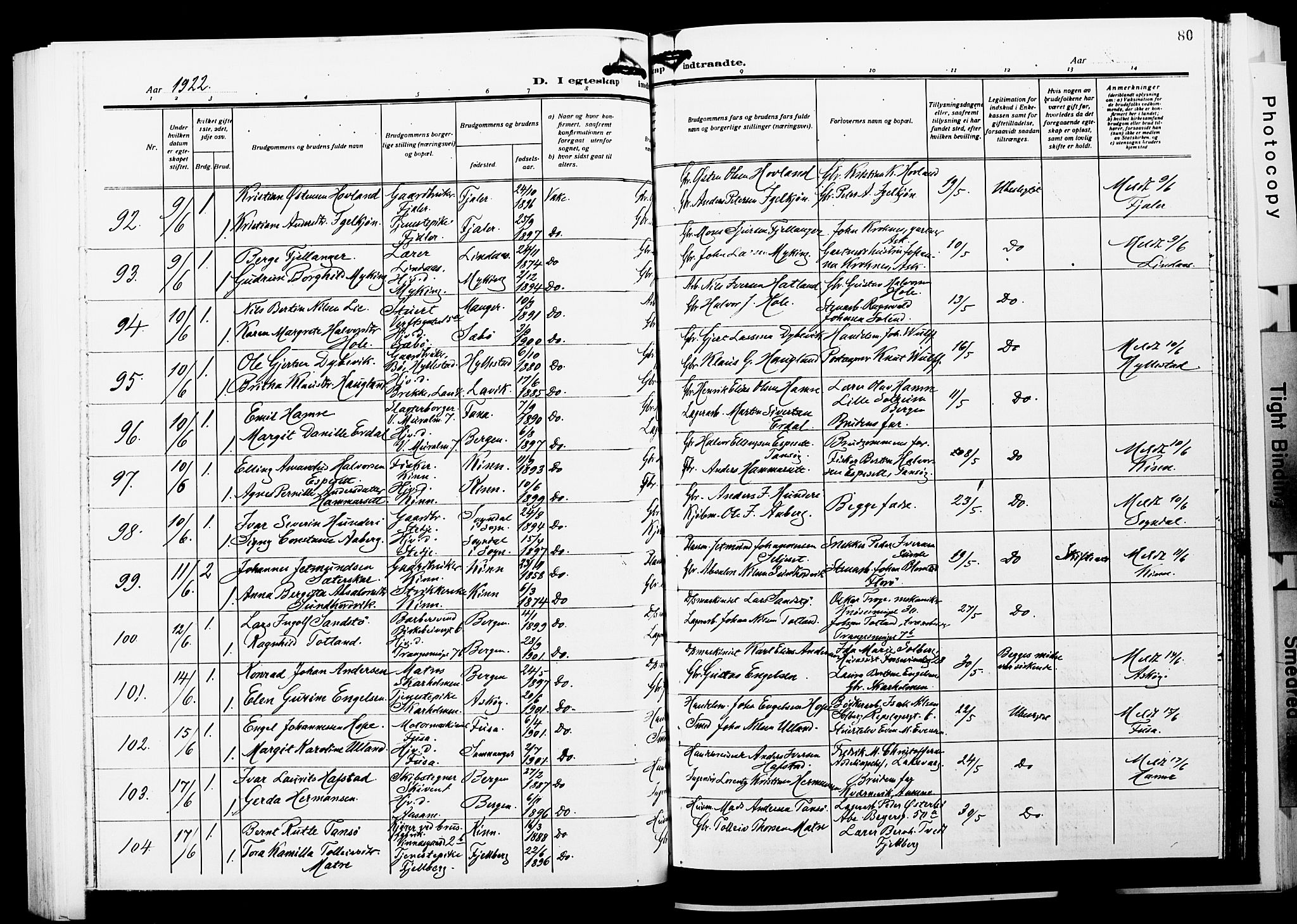 Nykirken Sokneprestembete, SAB/A-77101/H/Hab: Parish register (copy) no. D 5, 1918-1926, p. 80