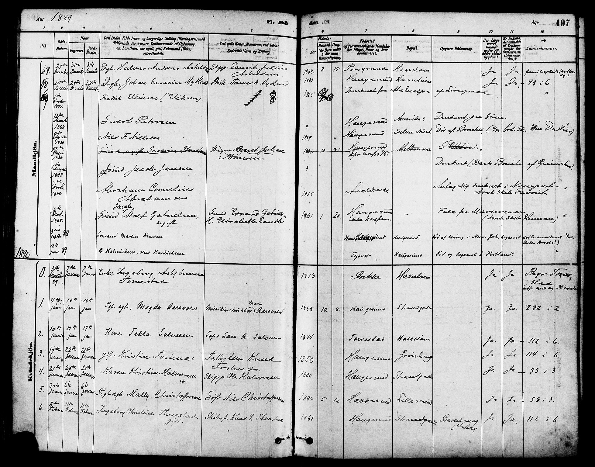 Haugesund sokneprestkontor, SAST/A -101863/H/Ha/Haa/L0003: Parish register (official) no. A 3, 1885-1890, p. 197
