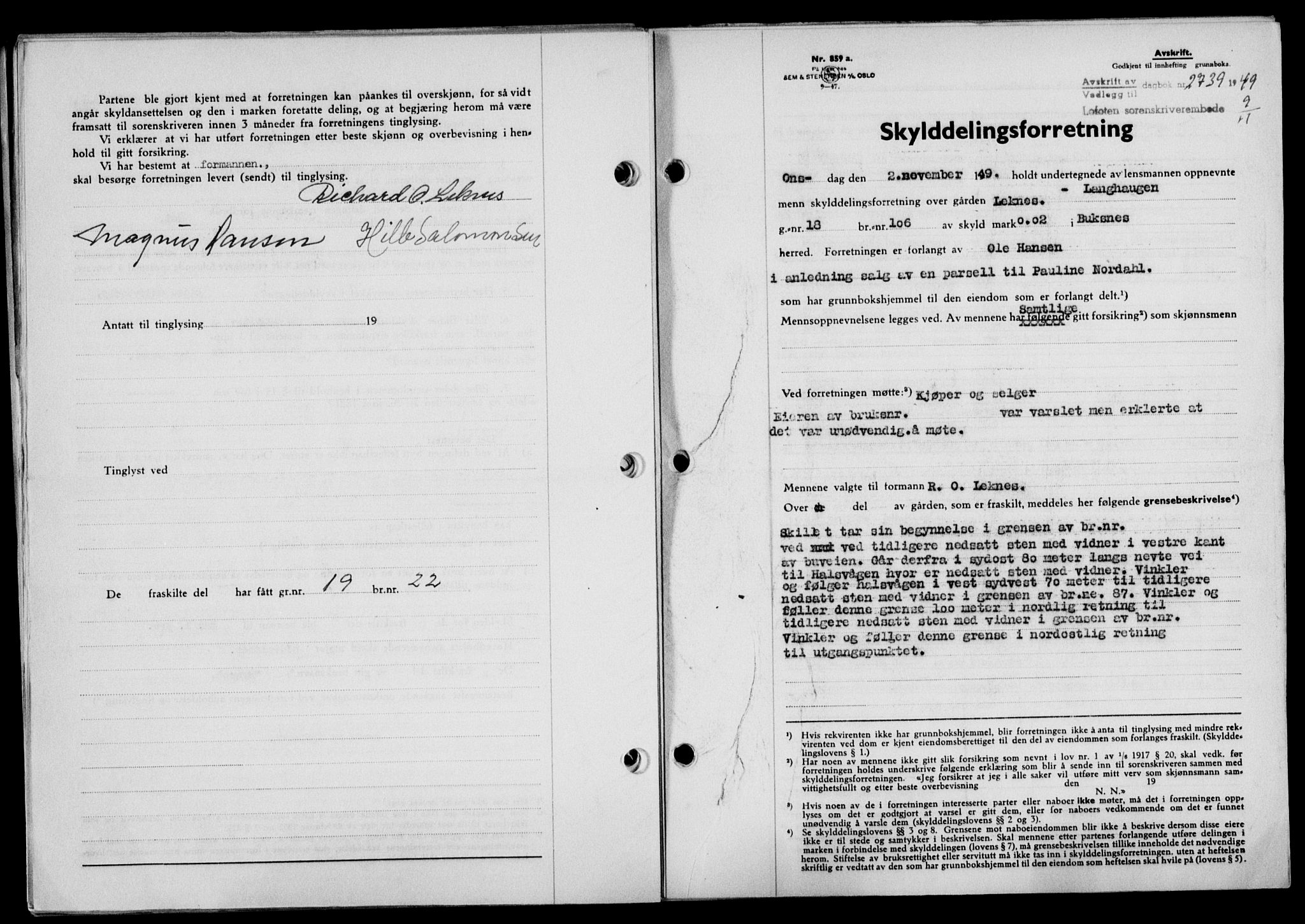 Lofoten sorenskriveri, SAT/A-0017/1/2/2C/L0022a: Mortgage book no. 22a, 1949-1950, Diary no: : 2739/1949