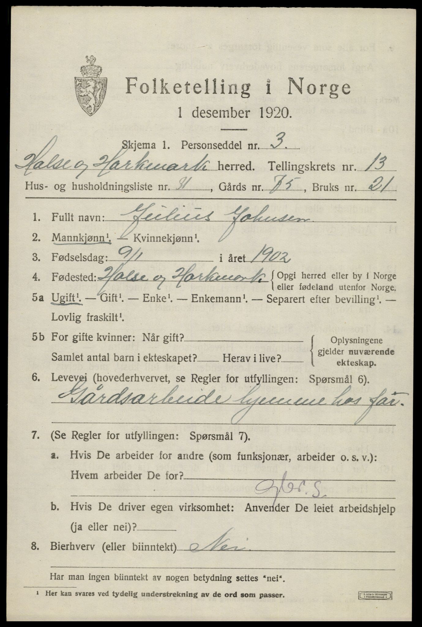 SAK, 1920 census for Halse og Harkmark, 1920, p. 7277