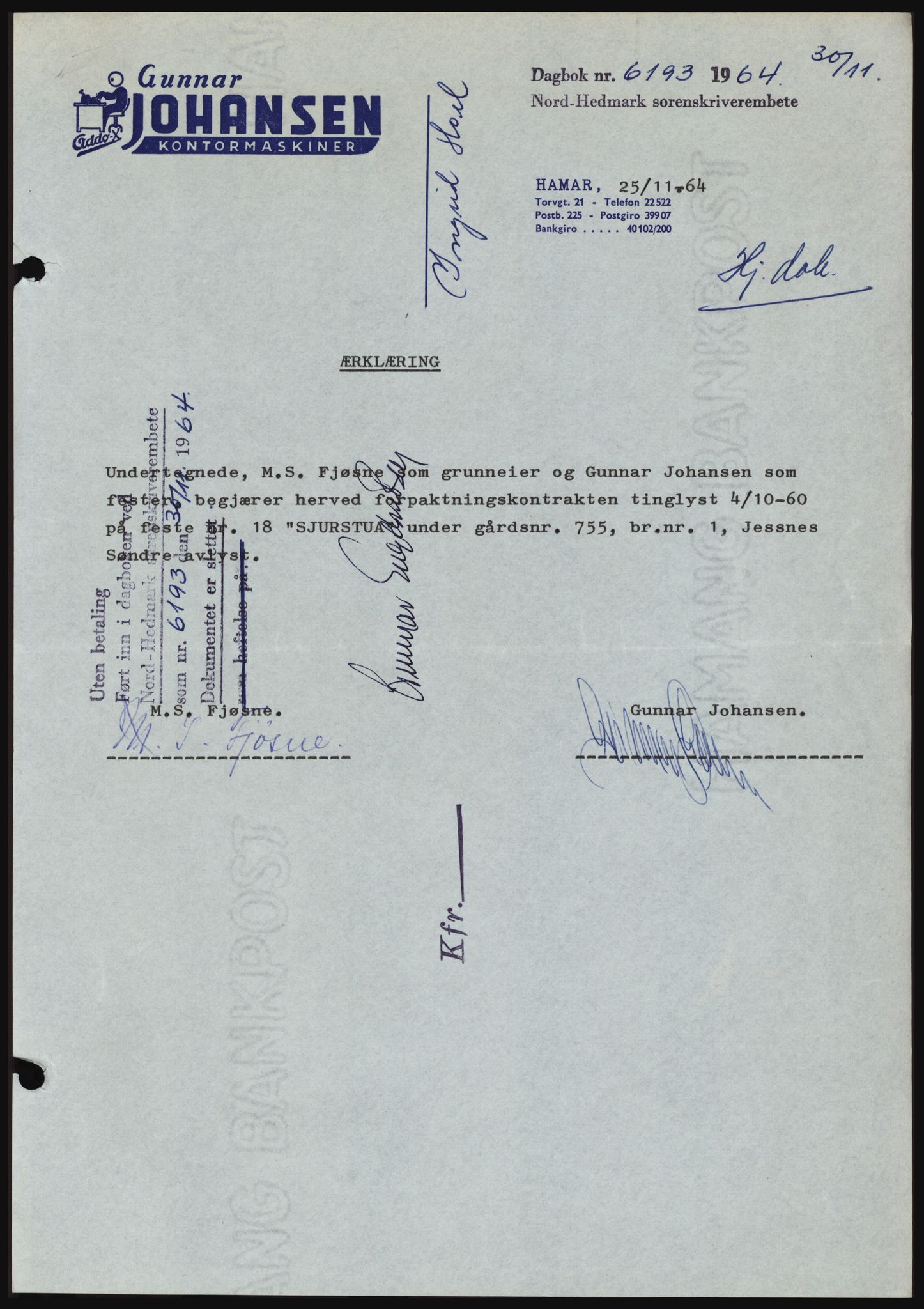 Nord-Hedmark sorenskriveri, SAH/TING-012/H/Hc/L0020: Mortgage book no. 20, 1964-1964, Diary no: : 6193/1964