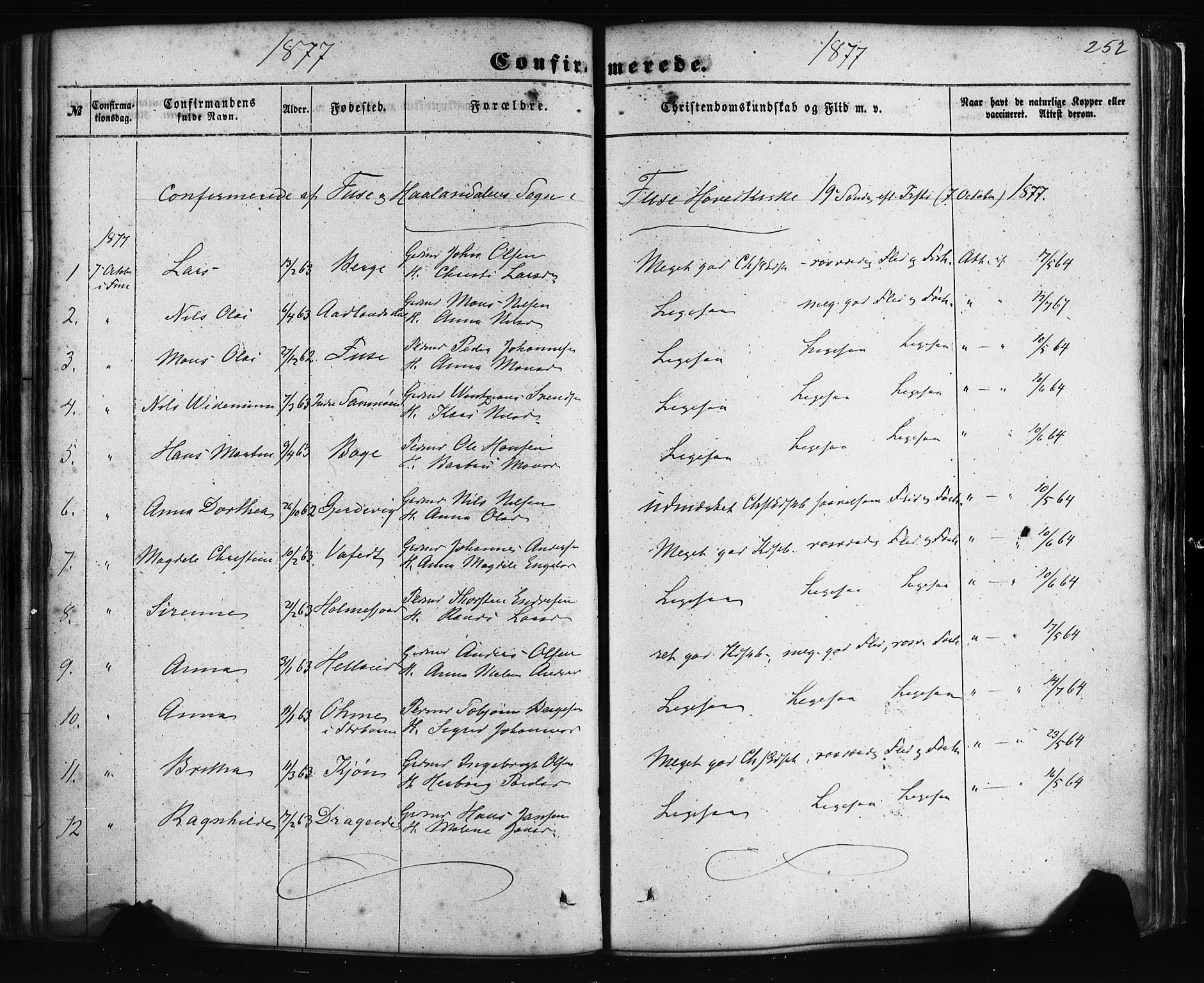 Fusa sokneprestembete, AV/SAB-A-75401/H/Haa: Parish register (official) no. A 1I, 1855-1879, p. 252