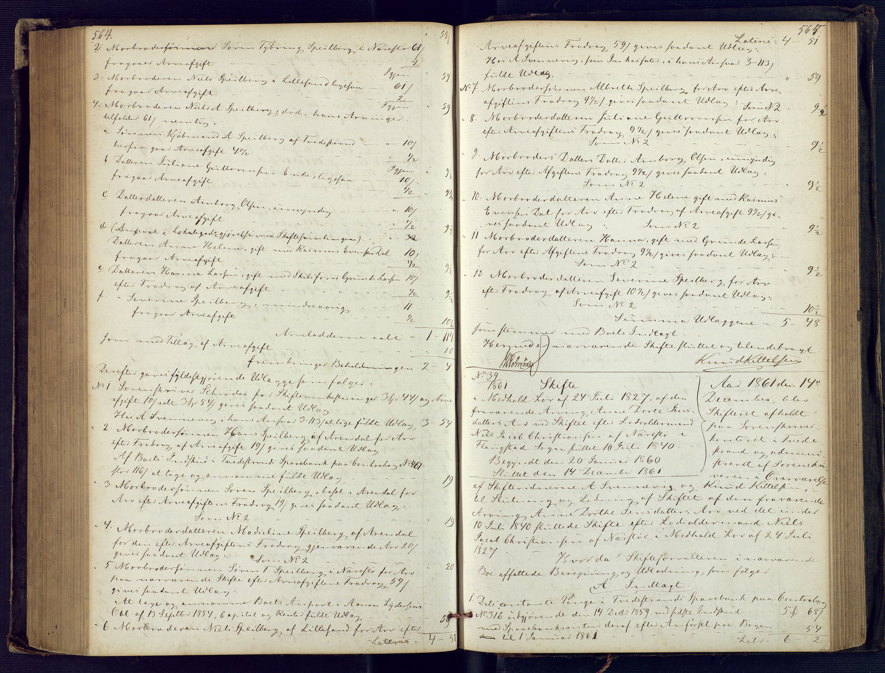 Holt sorenskriveri, SAK/1221-0002/H/Hc/L0029: Skifteutlodningsprotokoll nr. 4 med løst register, 1857-1862, p. 564-565