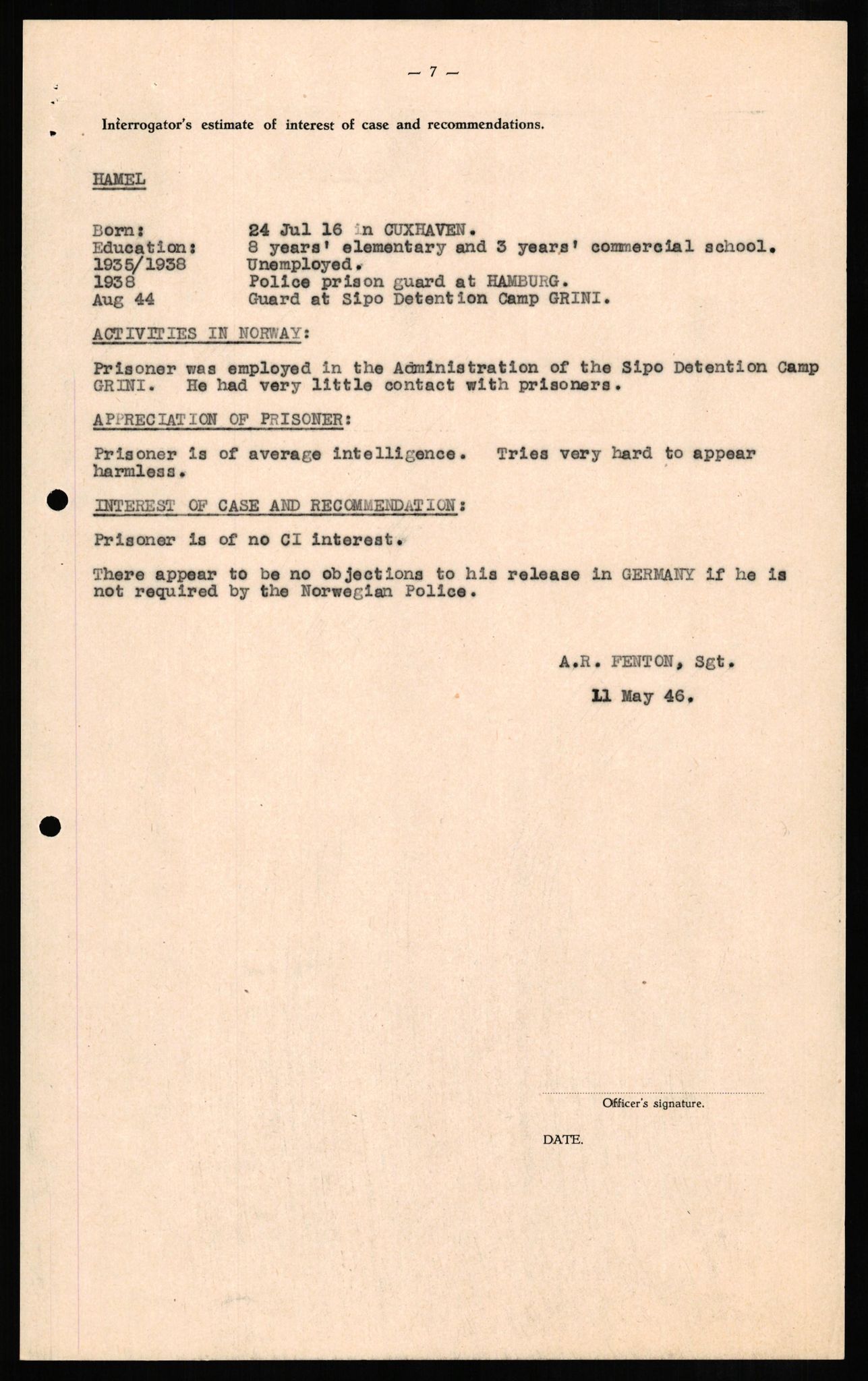 Forsvaret, Forsvarets overkommando II, RA/RAFA-3915/D/Db/L0011: CI Questionaires. Tyske okkupasjonsstyrker i Norge. Tyskere., 1945-1946, p. 370