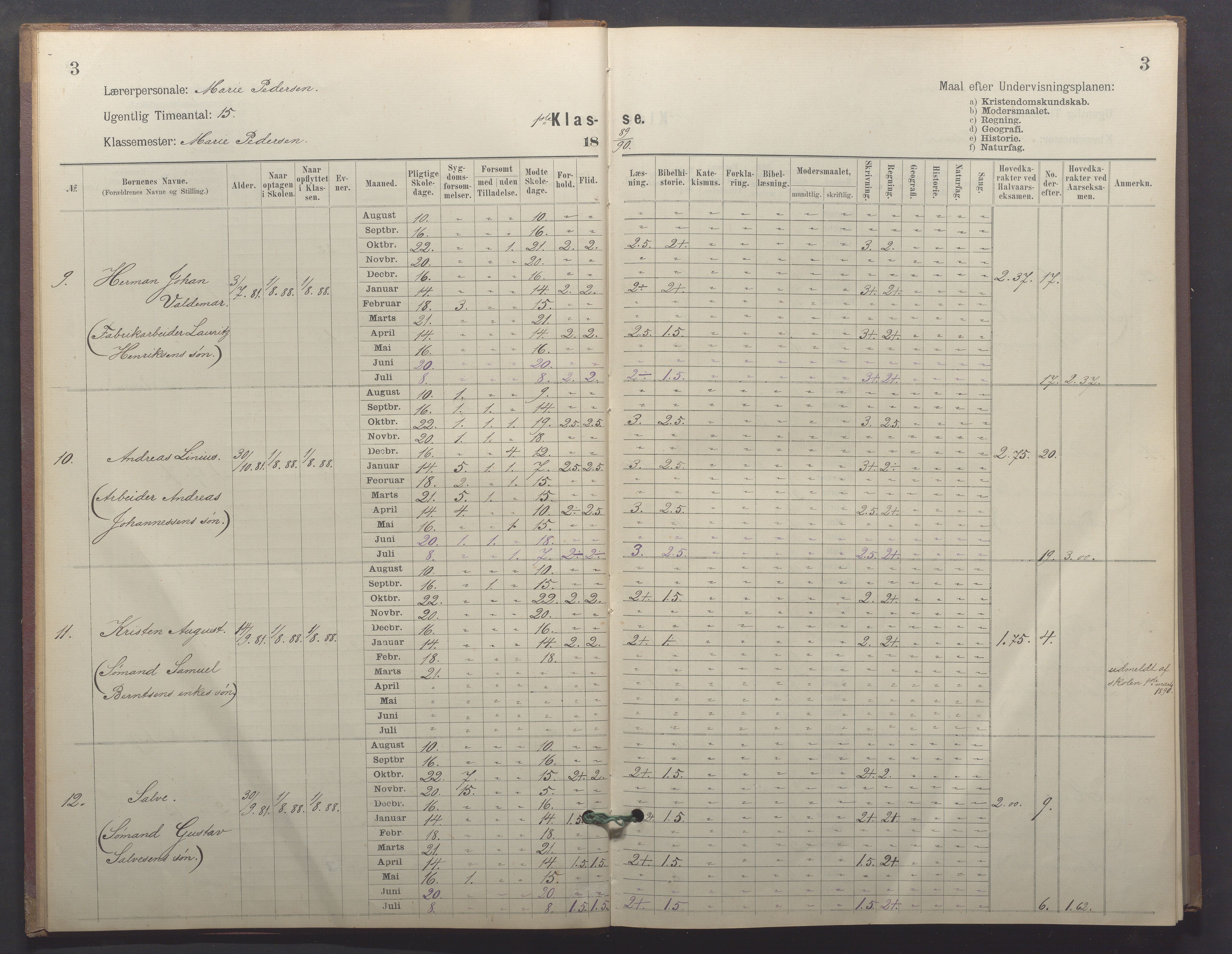 Egersund kommune (Ladested) - Egersund almueskole/folkeskole, IKAR/K-100521/H/L0026: Skoleprotokoll - Almueskolen, 1. klasse, 1889-1893, p. 3