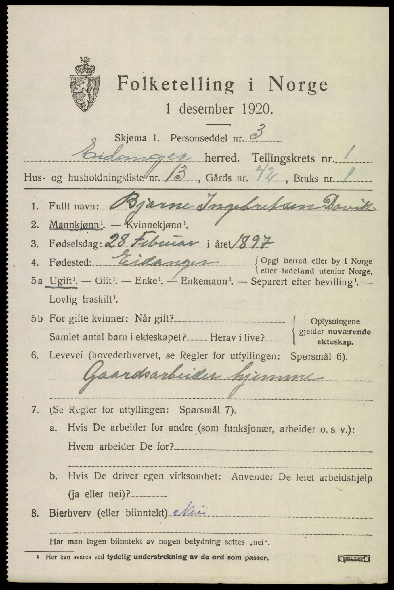 SAKO, 1920 census for Eidanger, 1920, p. 1764