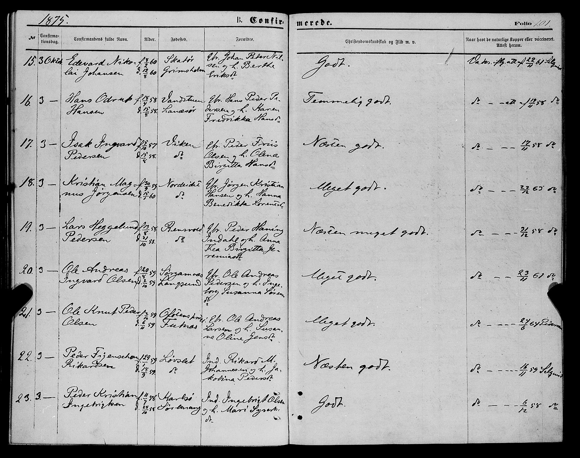 Karlsøy sokneprestembete, AV/SATØ-S-1299/H/Ha/Haa/L0005kirke: Parish register (official) no. 5, 1872-1878, p. 101