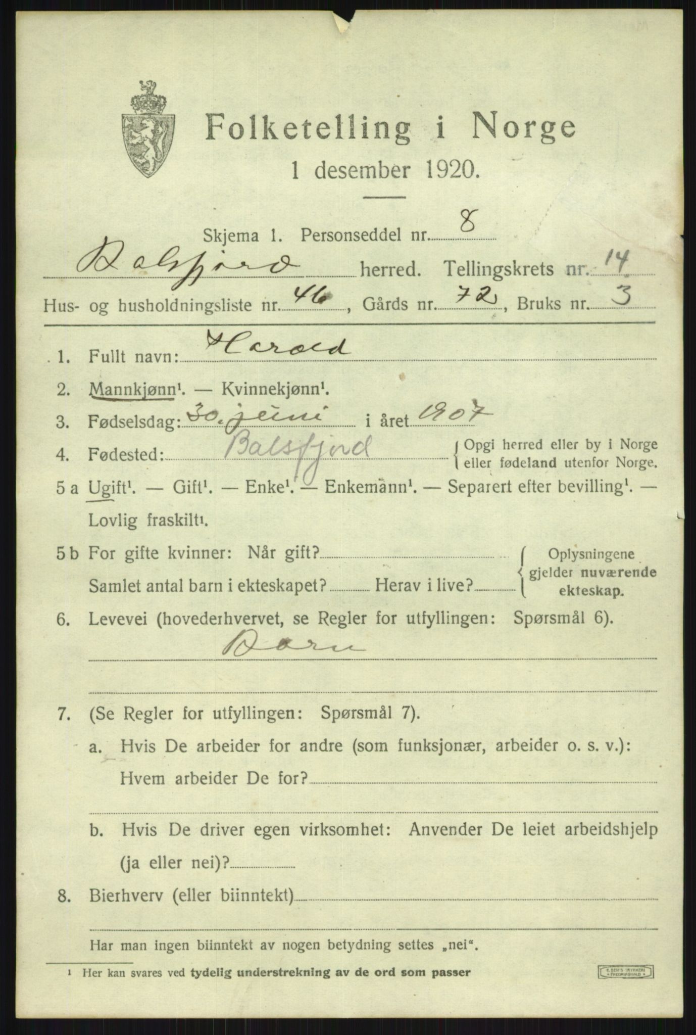 SATØ, 1920 census for Balsfjord, 1920, p. 8713