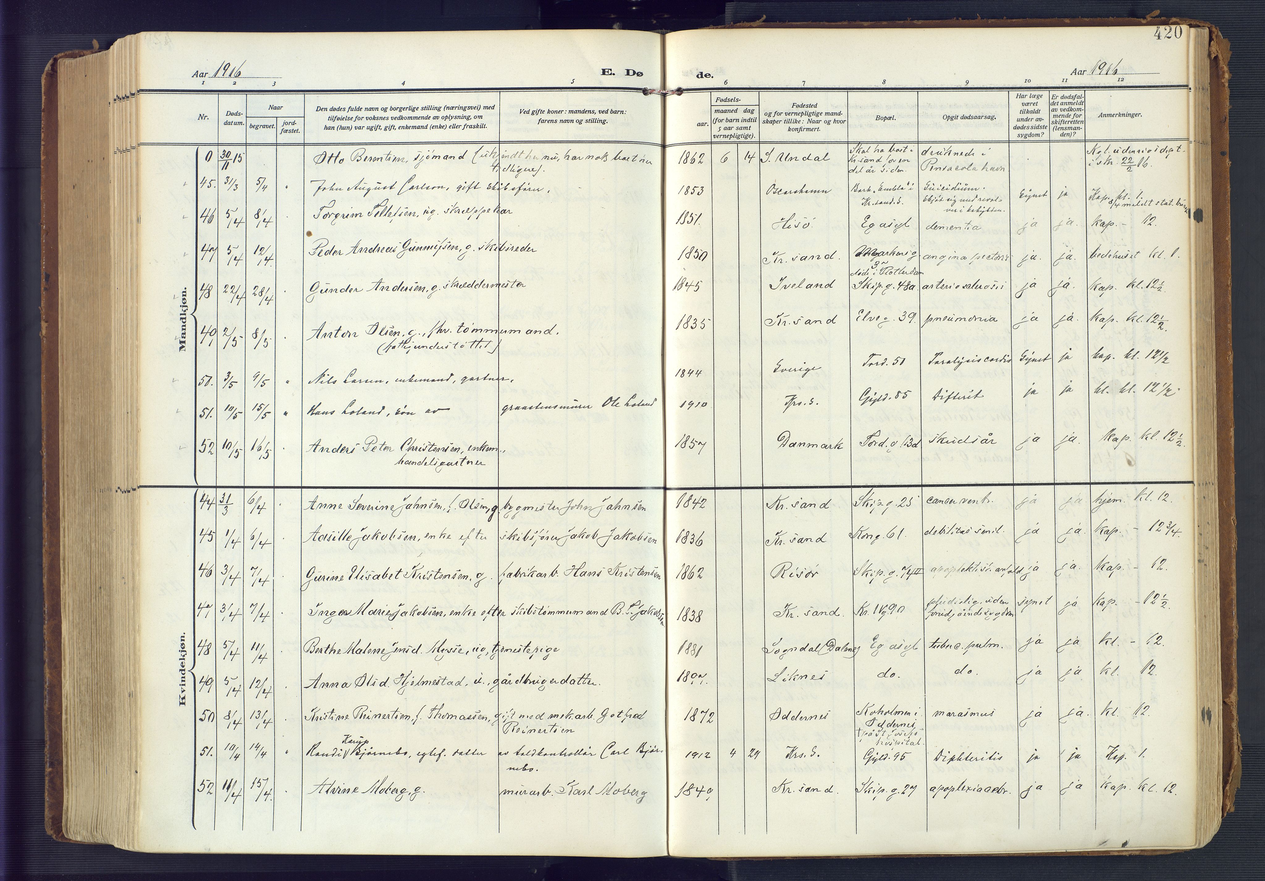 Kristiansand domprosti, AV/SAK-1112-0006/F/Fa/L0023: Parish register (official) no. A 22, 1909-1917, p. 420