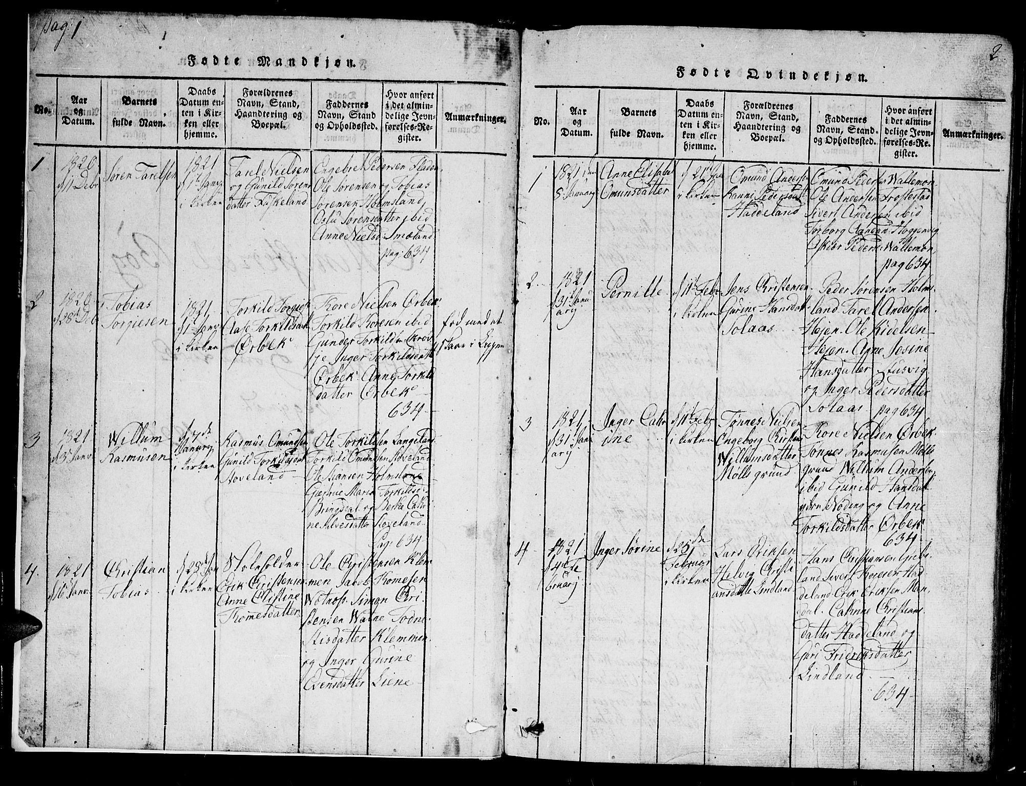 Holum sokneprestkontor, SAK/1111-0022/F/Fb/Fba/L0002: Parish register (copy) no. B 2, 1820-1849, p. 1-2