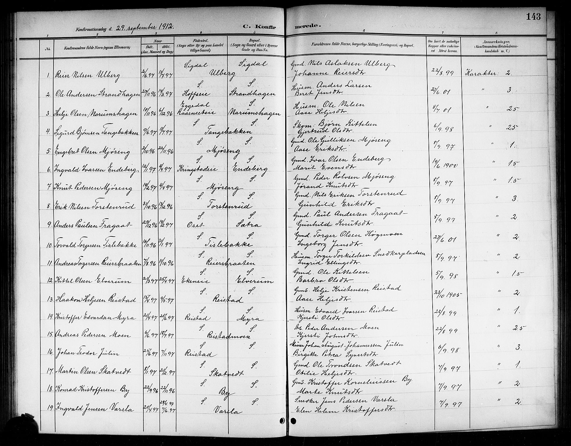 Sigdal kirkebøker, SAKO/A-245/G/Ga/L0006: Parish register (copy) no. I 6, 1901-1916, p. 143
