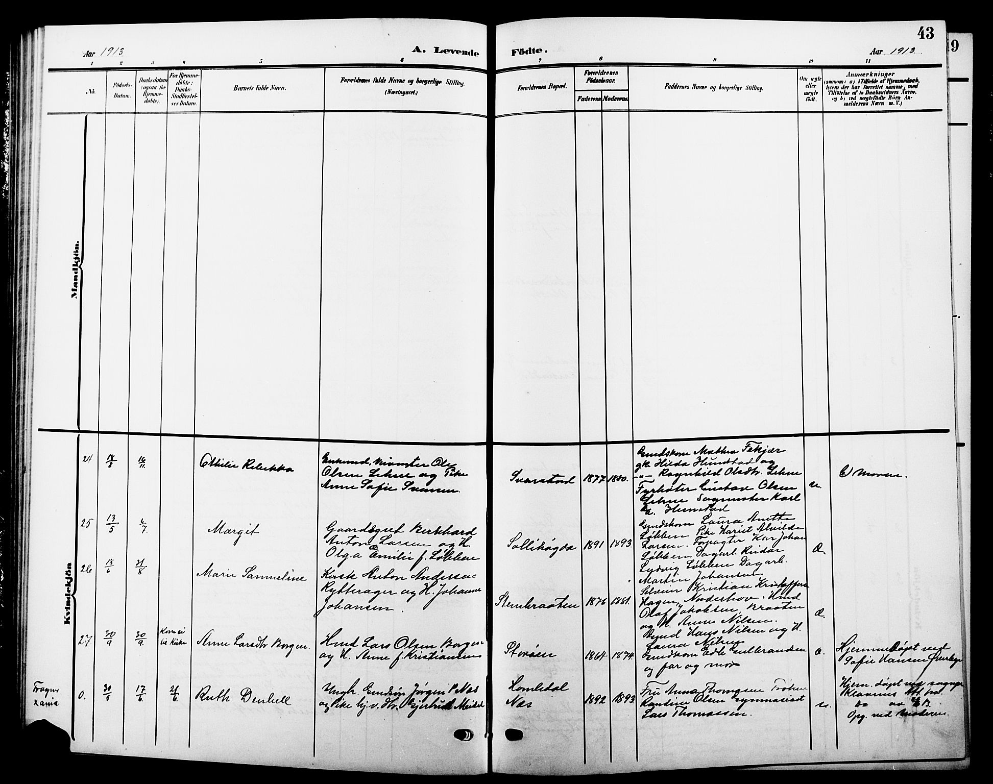 Hole kirkebøker, AV/SAKO-A-228/G/Ga/L0004: Parish register (copy) no. I 4, 1905-1924, p. 43