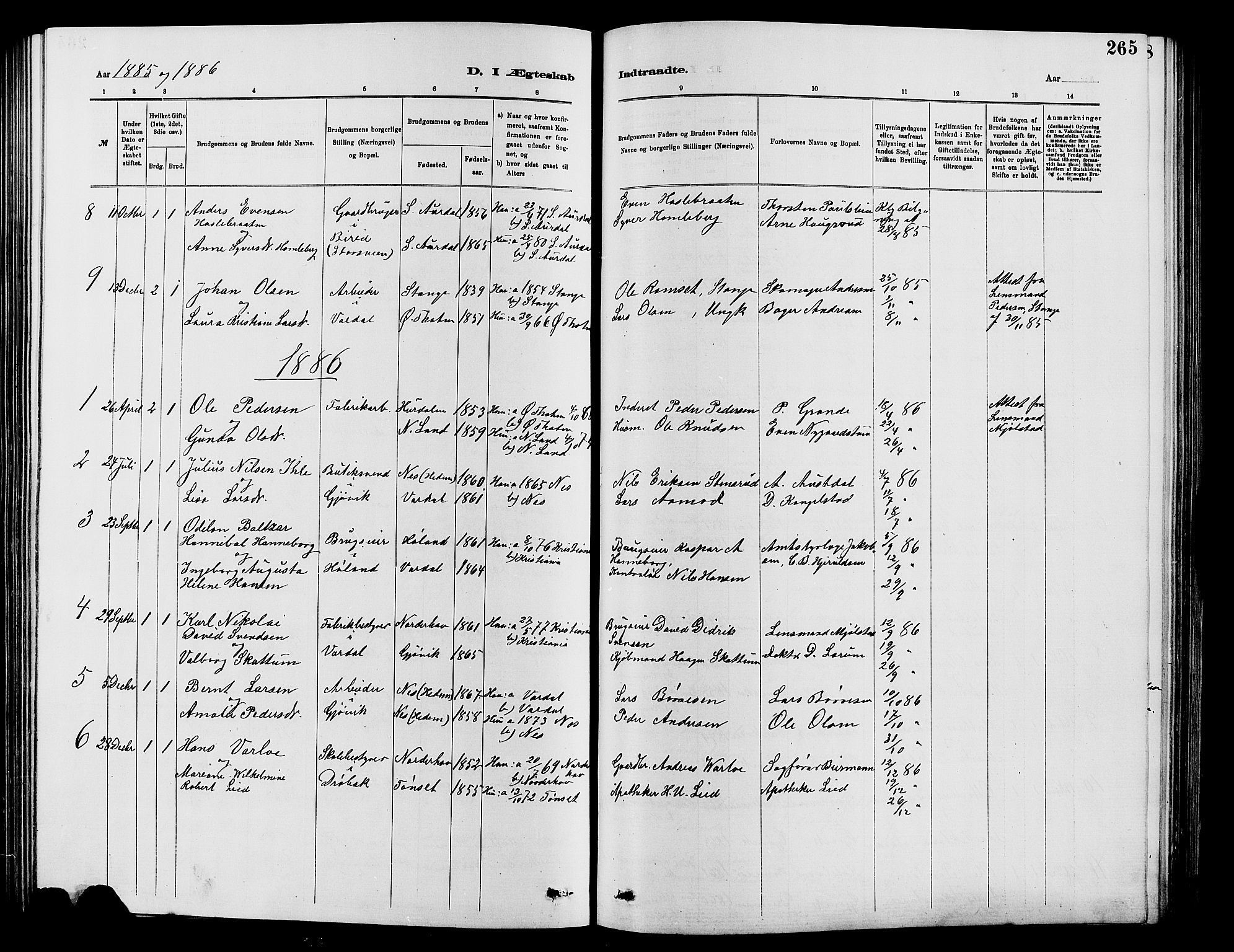 Vardal prestekontor, SAH/PREST-100/H/Ha/Hab/L0007: Parish register (copy) no. 7 /2, 1881-1895, p. 265