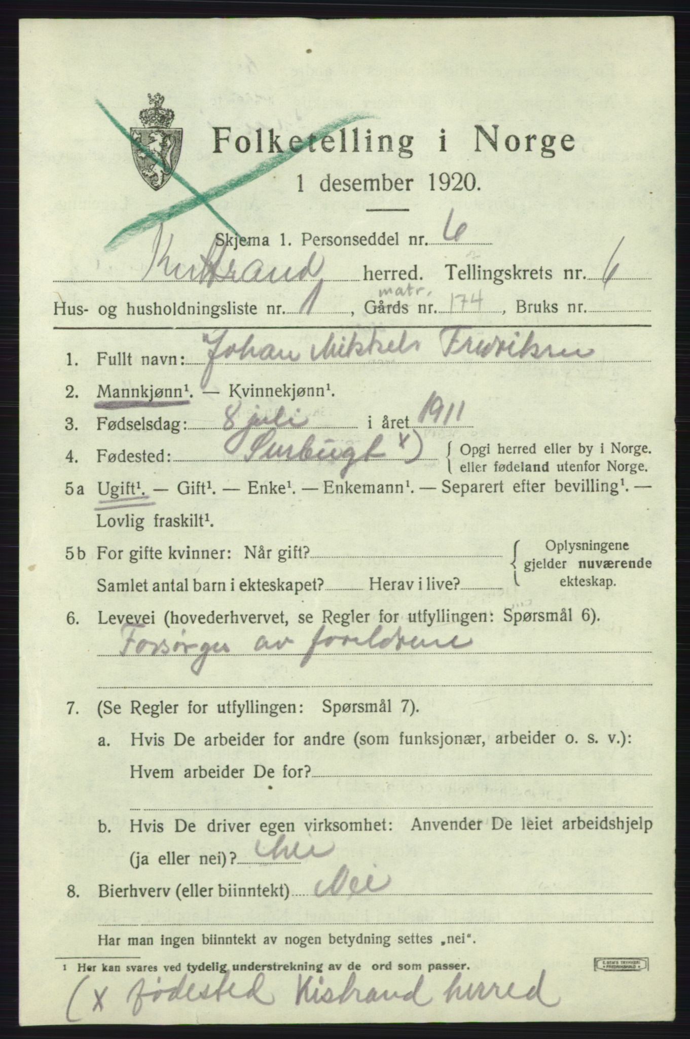 SATØ, 1920 census for Kistrand, 1920, p. 4254