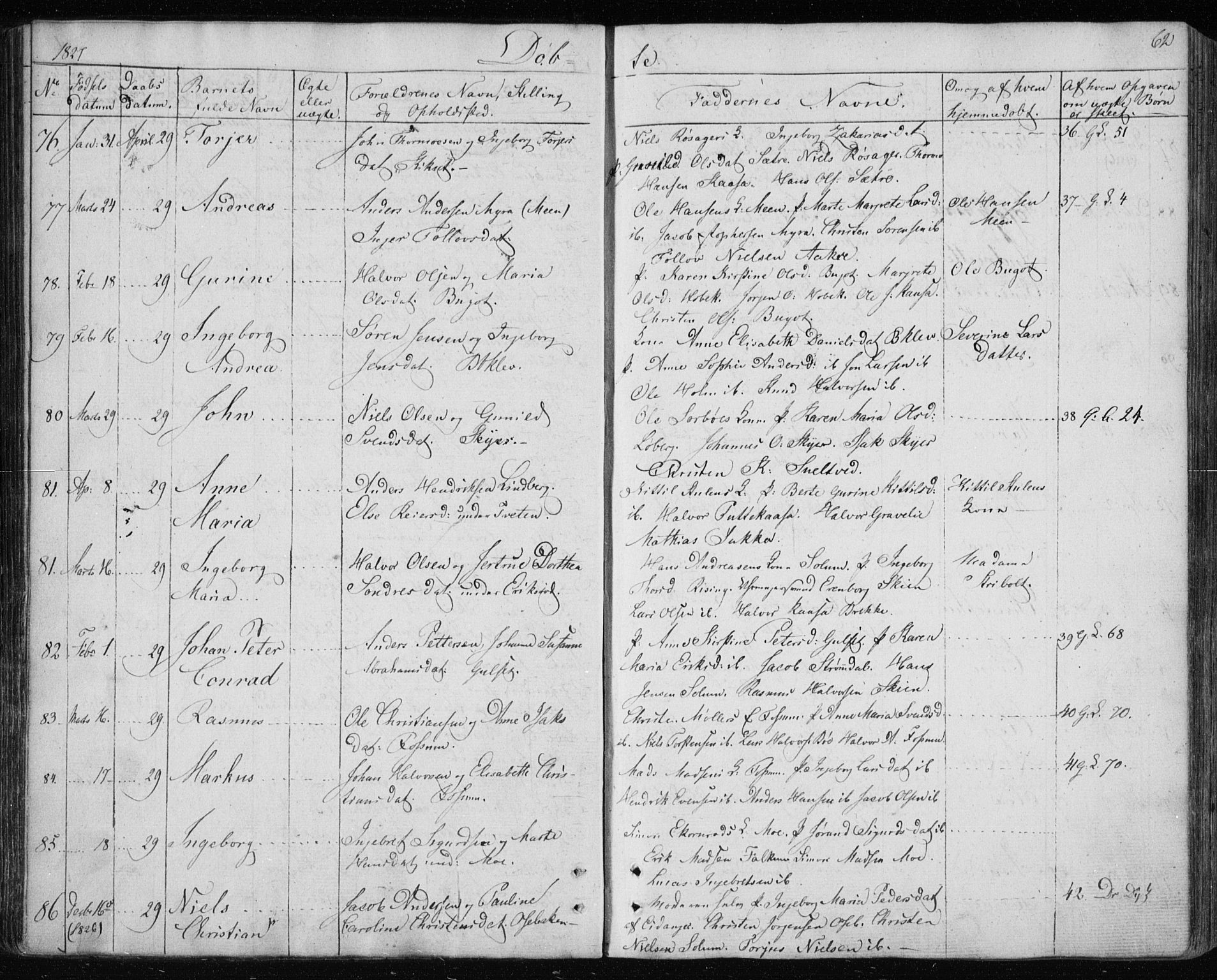 Gjerpen kirkebøker, AV/SAKO-A-265/F/Fa/L0005: Parish register (official) no. I 5, 1823-1829, p. 62