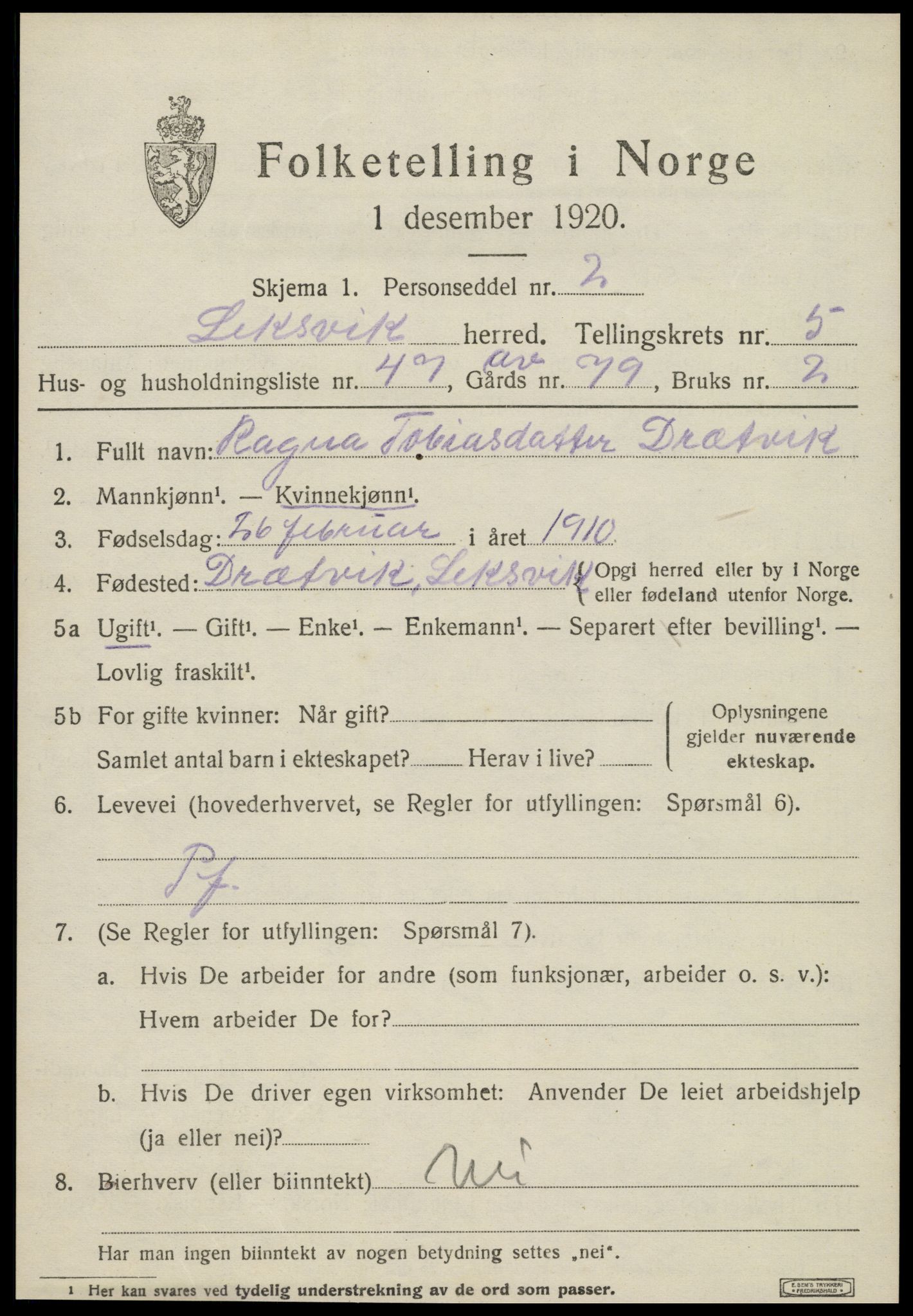 SAT, 1920 census for Leksvik, 1920, p. 5408