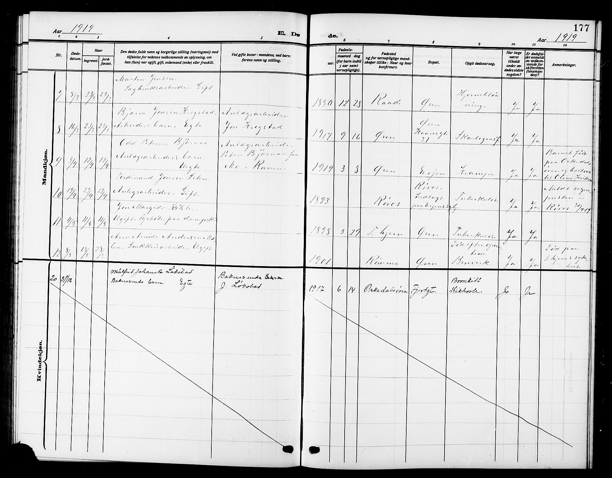 Ministerialprotokoller, klokkerbøker og fødselsregistre - Sør-Trøndelag, AV/SAT-A-1456/669/L0831: Parish register (copy) no. 669C01, 1909-1924, p. 177