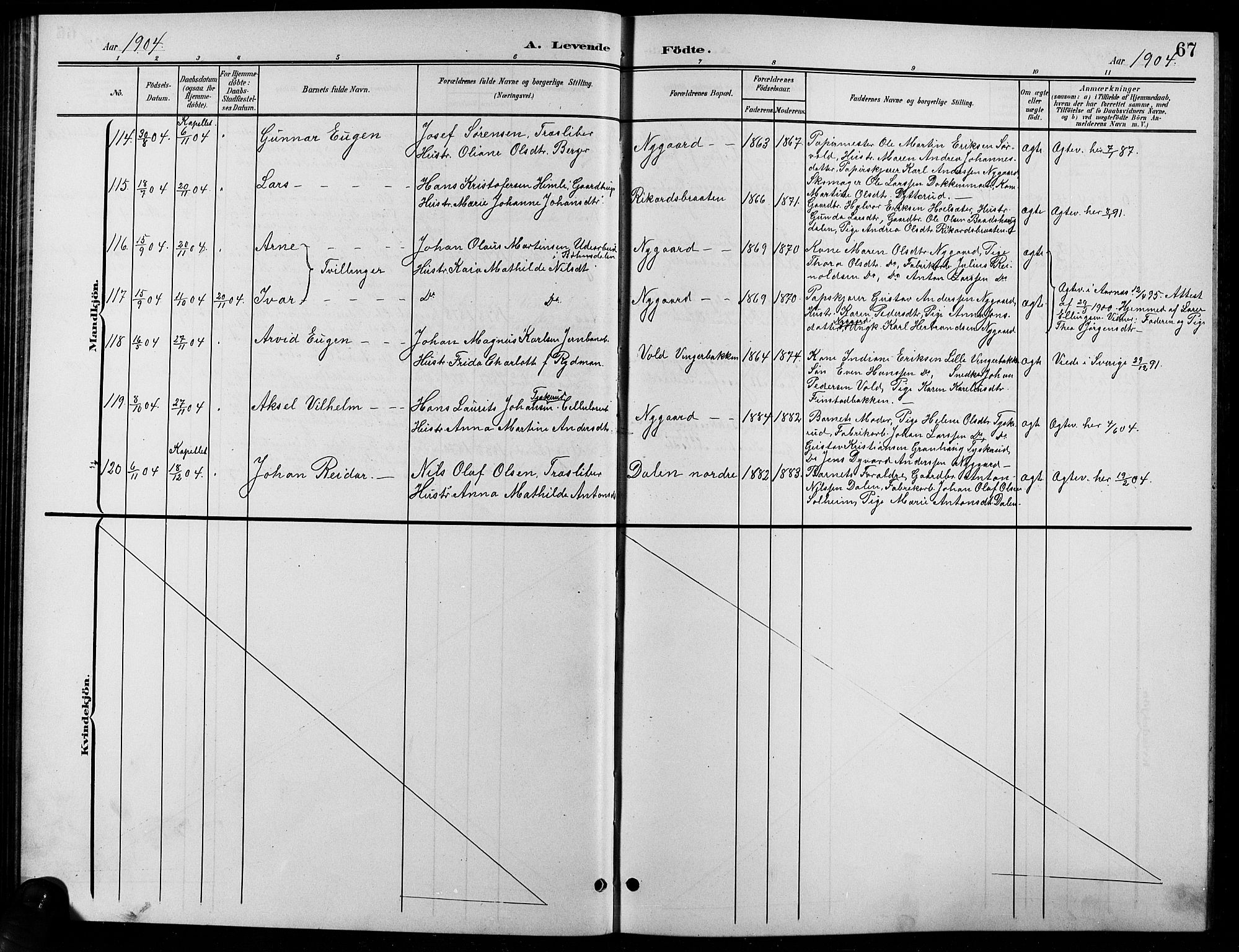 Eidsvoll prestekontor Kirkebøker, AV/SAO-A-10888/G/Ga/L0007: Parish register (copy) no. I 7, 1901-1909, p. 67