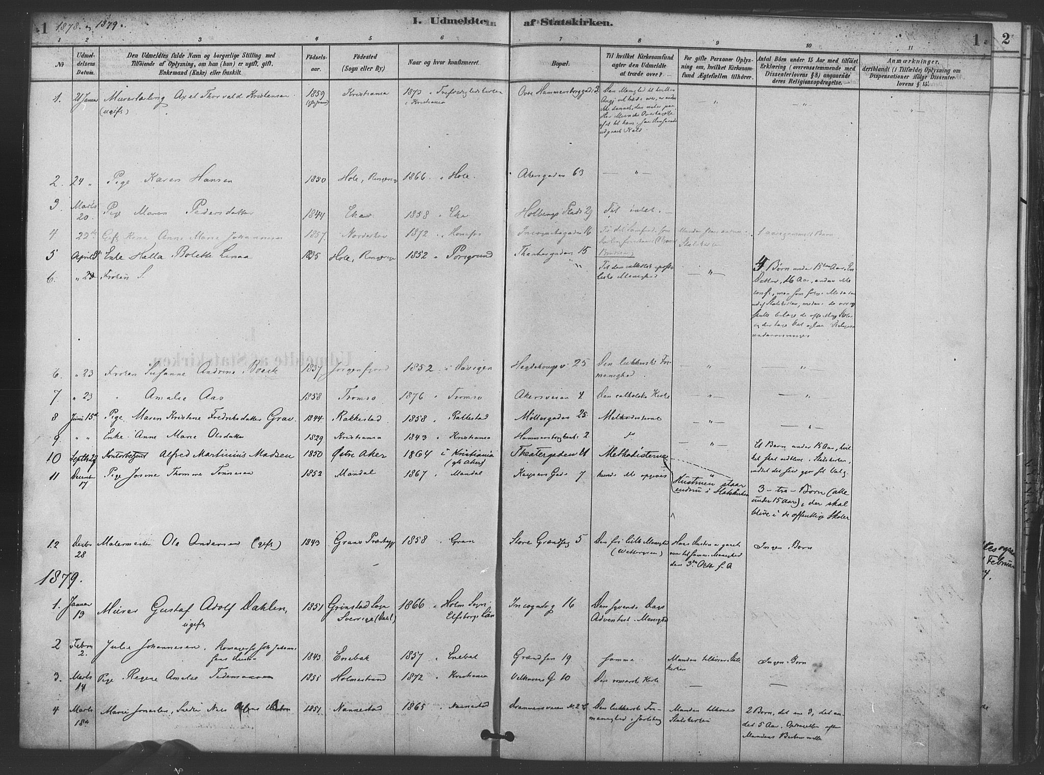 Trefoldighet prestekontor Kirkebøker, AV/SAO-A-10882/F/Ff/L0001: Parish register (official) no. VI 1, 1878-1890, p. 1