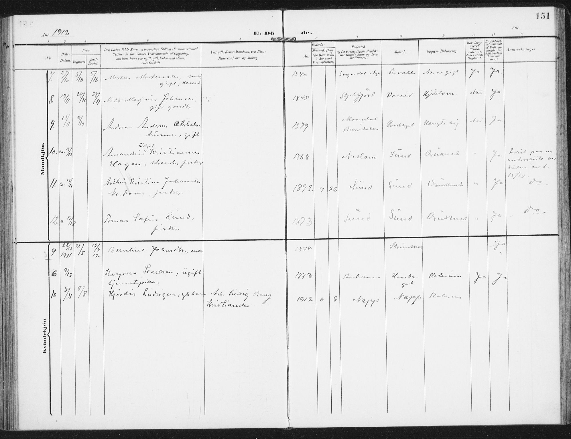 Ministerialprotokoller, klokkerbøker og fødselsregistre - Nordland, SAT/A-1459/885/L1206: Parish register (official) no. 885A07, 1905-1915, p. 151