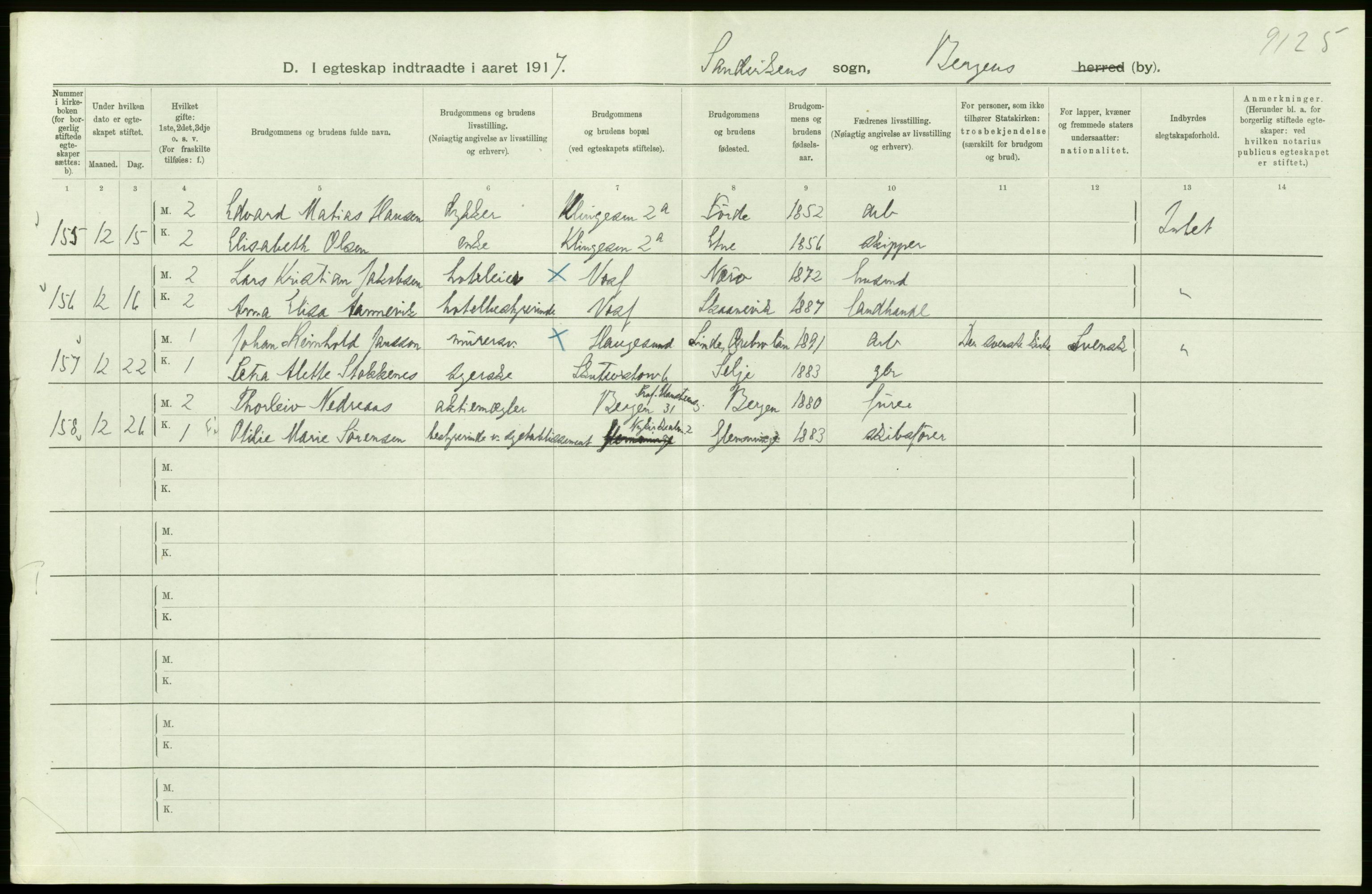 Statistisk sentralbyrå, Sosiodemografiske emner, Befolkning, AV/RA-S-2228/D/Df/Dfb/Dfbg/L0038: Bergen: Gifte, døde, dødfødte., 1917, p. 274