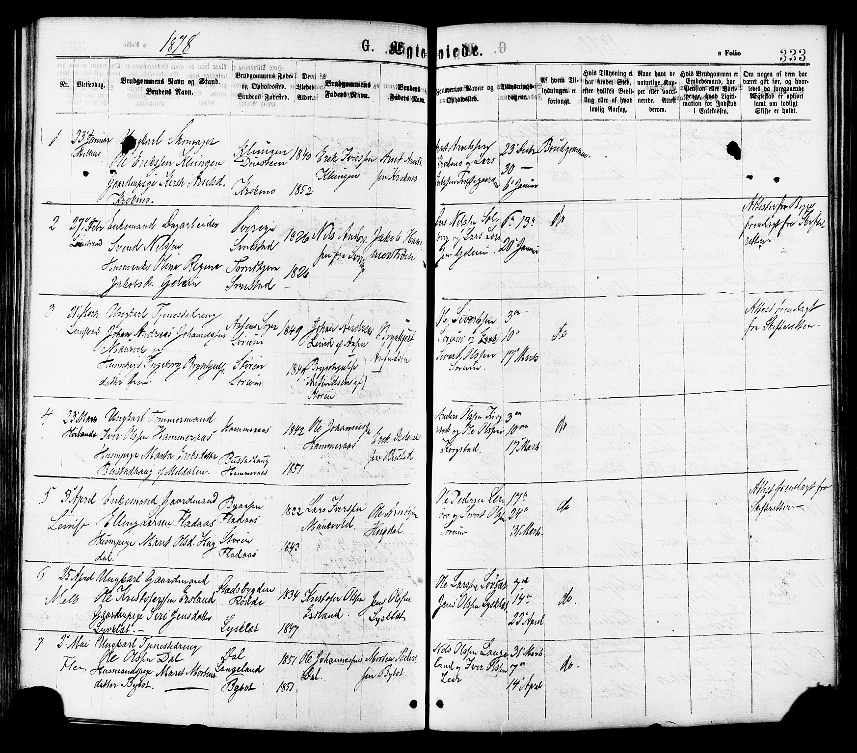 Ministerialprotokoller, klokkerbøker og fødselsregistre - Sør-Trøndelag, SAT/A-1456/691/L1079: Parish register (official) no. 691A11, 1873-1886, p. 333