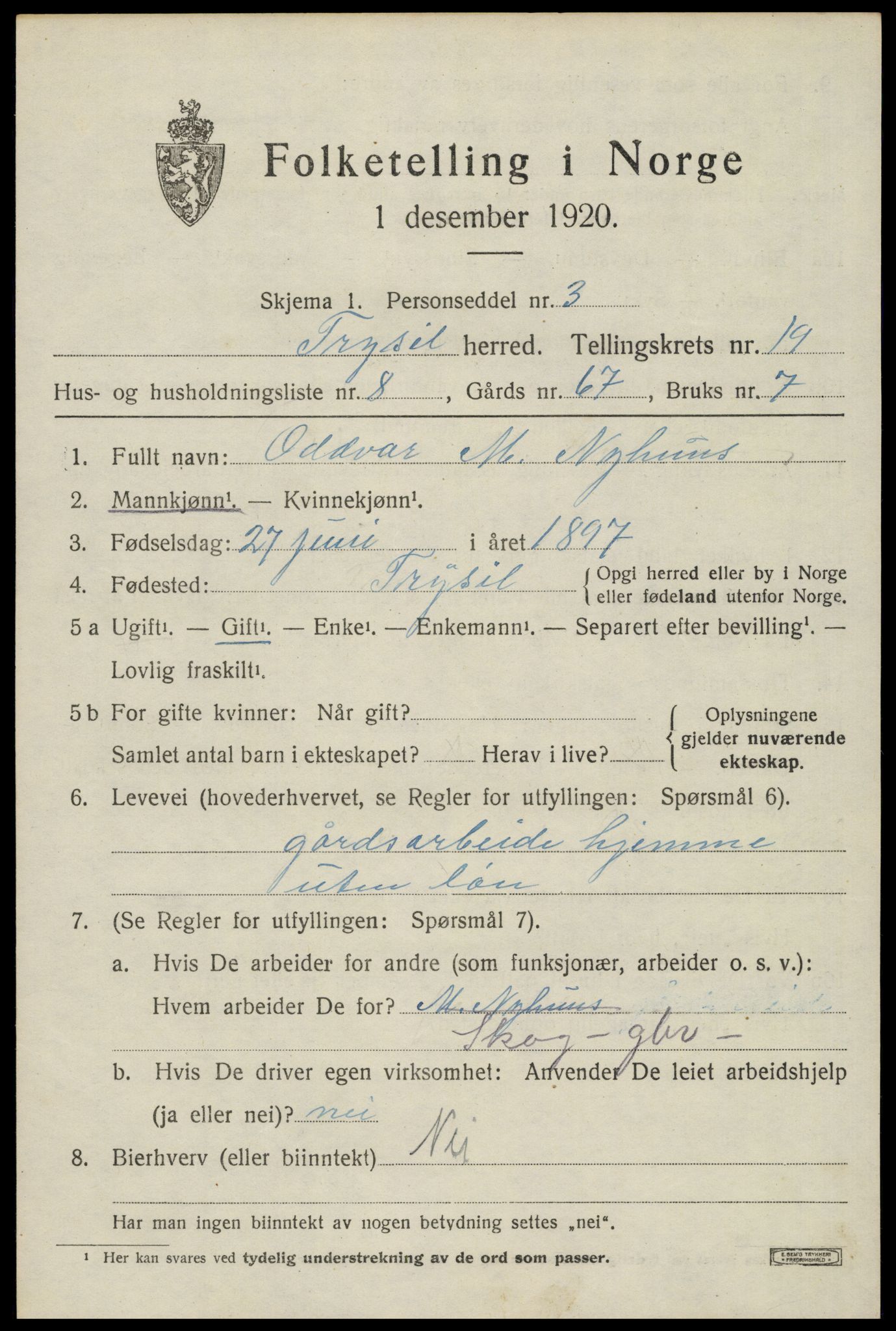 SAH, 1920 census for Trysil, 1920, p. 12819