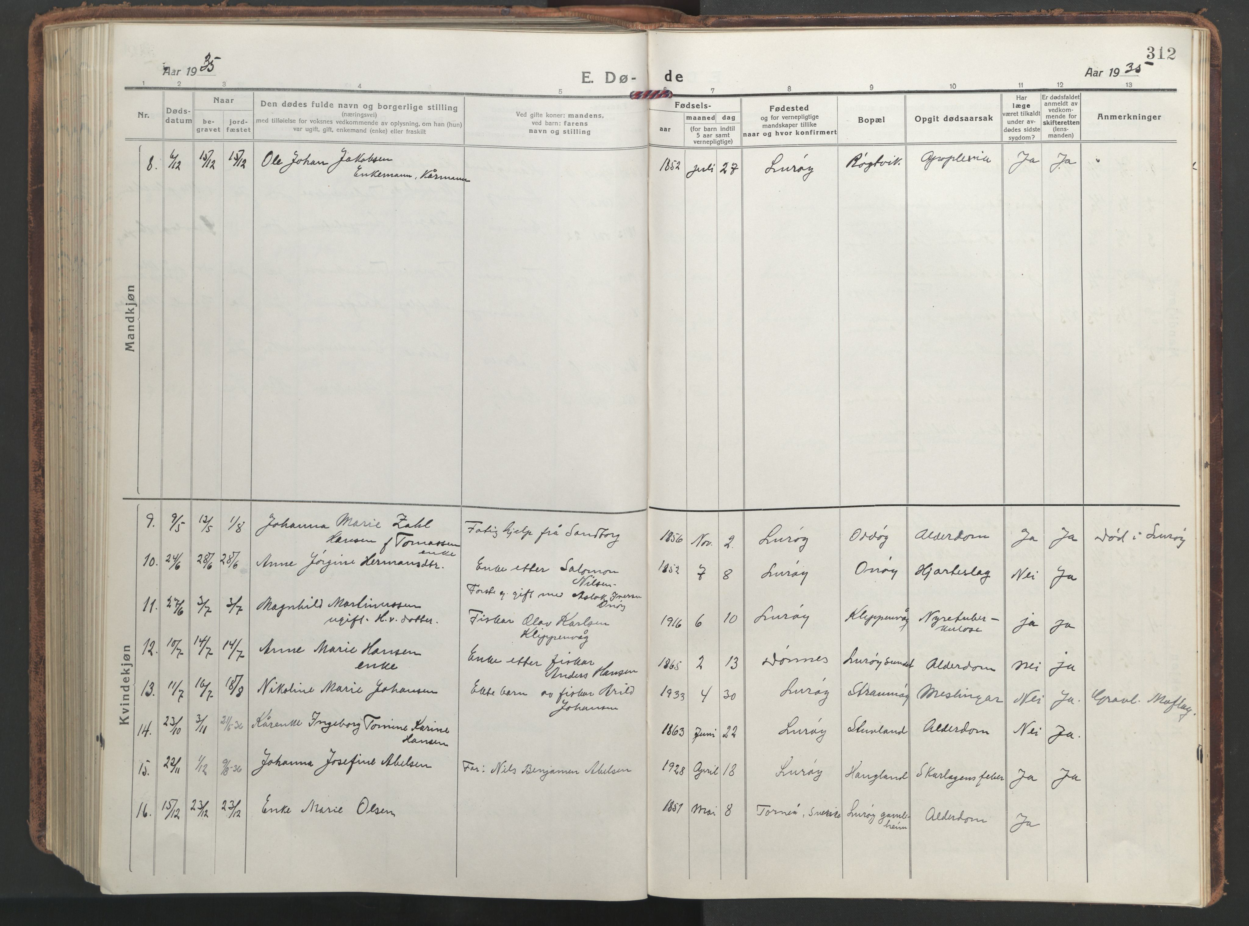 Ministerialprotokoller, klokkerbøker og fødselsregistre - Nordland, AV/SAT-A-1459/839/L0574: Parish register (copy) no. 839C04, 1918-1950, p. 312