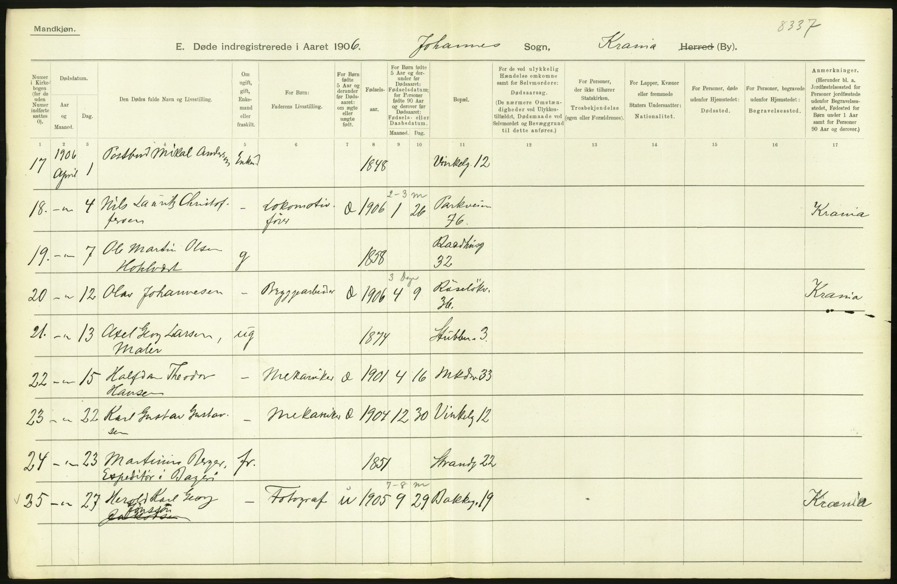 Statistisk sentralbyrå, Sosiodemografiske emner, Befolkning, AV/RA-S-2228/D/Df/Dfa/Dfad/L0010: Kristiania: Døde, dødfødte, 1906, p. 432