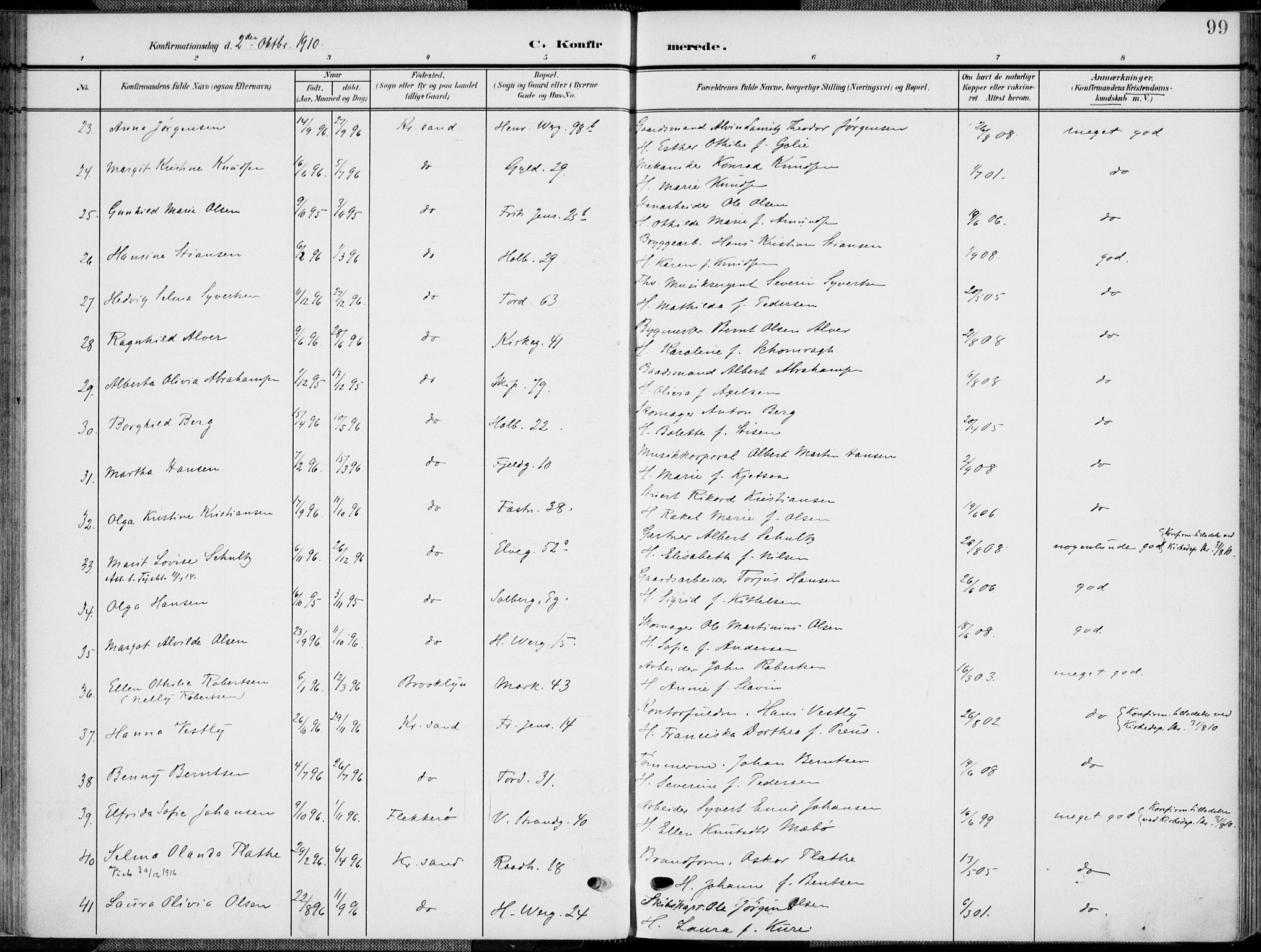 Kristiansand domprosti, SAK/1112-0006/F/Fa/L0022: Parish register (official) no. A 21, 1905-1916, p. 99
